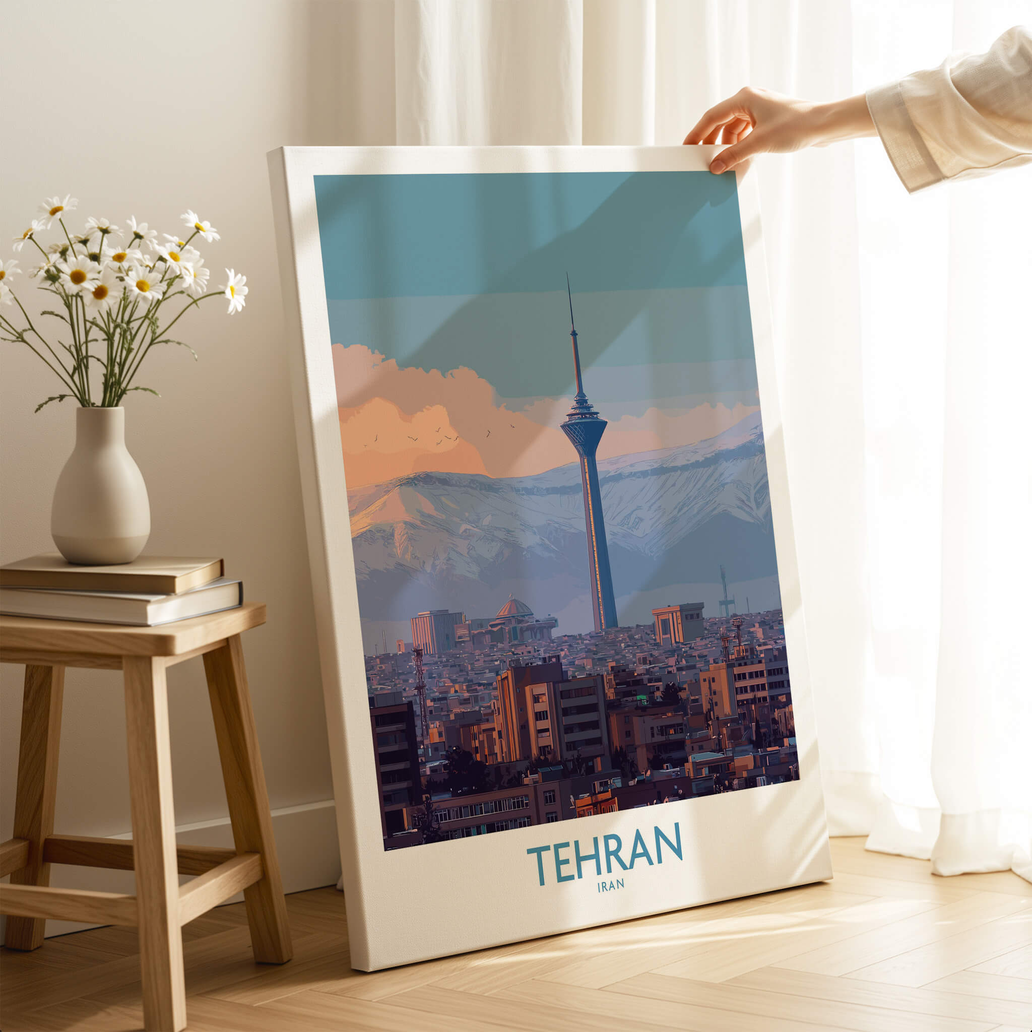Tehran Iran Canvas Print | Evening City Landscape Poster displayed in a cozy interior.