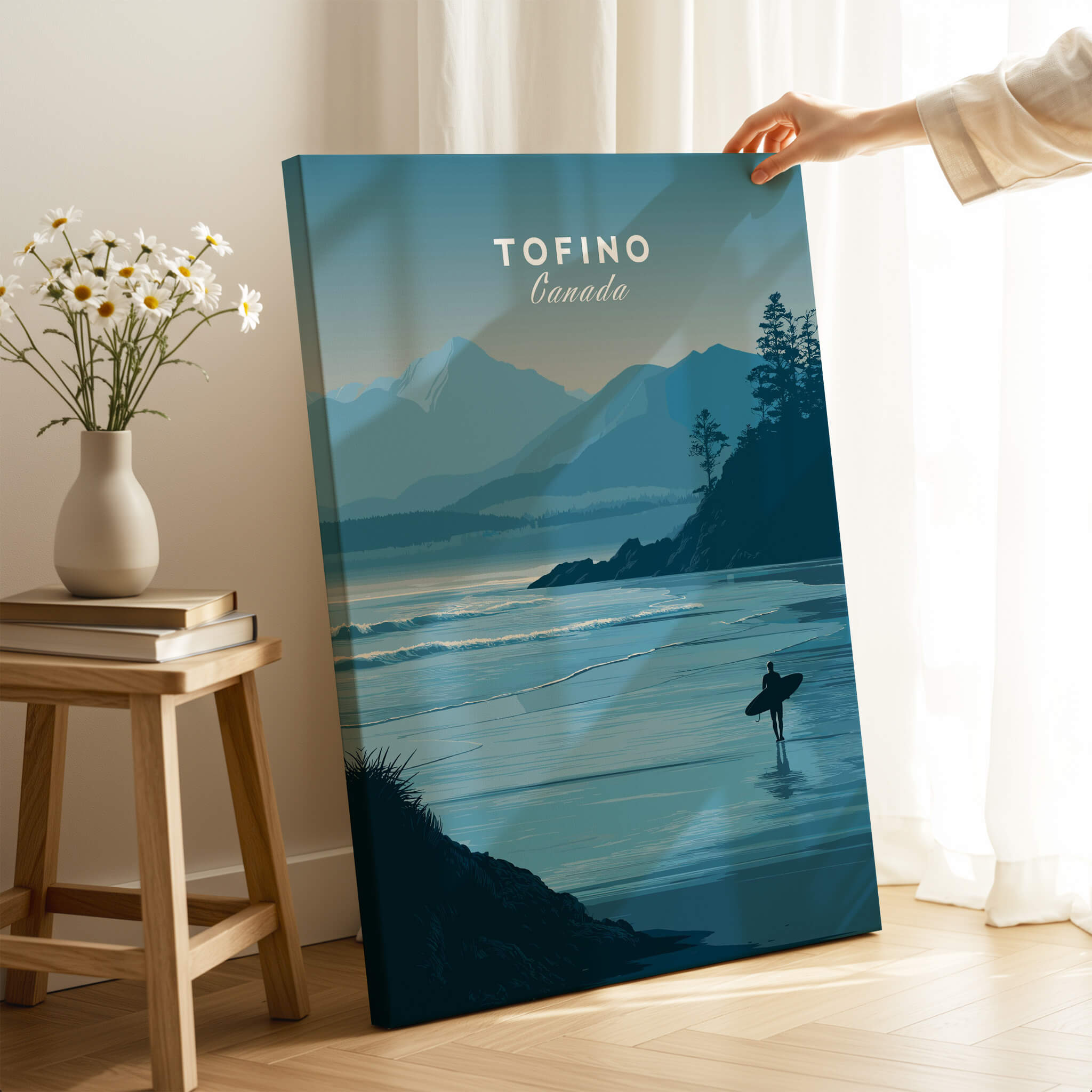 Tofino Canada Travel Poster | Pacific Coast Surfer Wall Art Print showcasing a surfer on the water with mountains in the background.