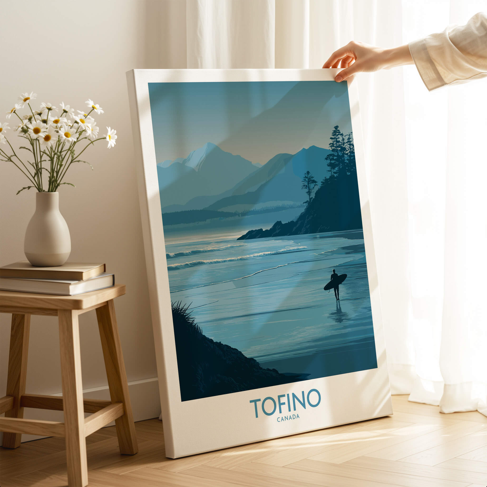 Tofino Canada Canvas Print | Misty Mountain & Shoreline Poster displayed in a cozy interior setting.
