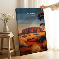 Uluru Australia Wall Art Print | Red Center Outback Travel Poster featuring the iconic Uluru monolith in vibrant colors.