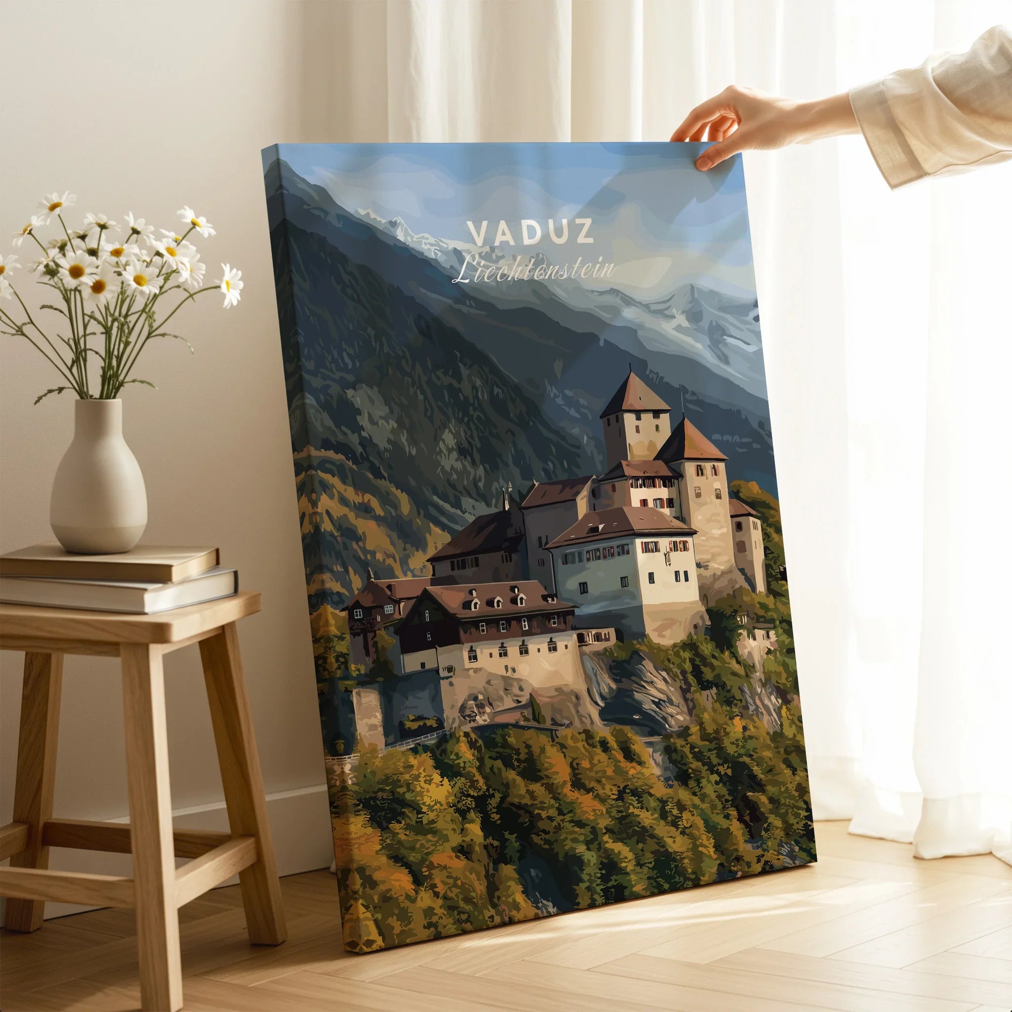 Vaduz Liechtenstein travel poster canvas print with mountain castle, hand holding in cozy room