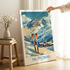 Val Thorens Print showcasing snow-capped mountains and skiing in France, perfect for home decor.