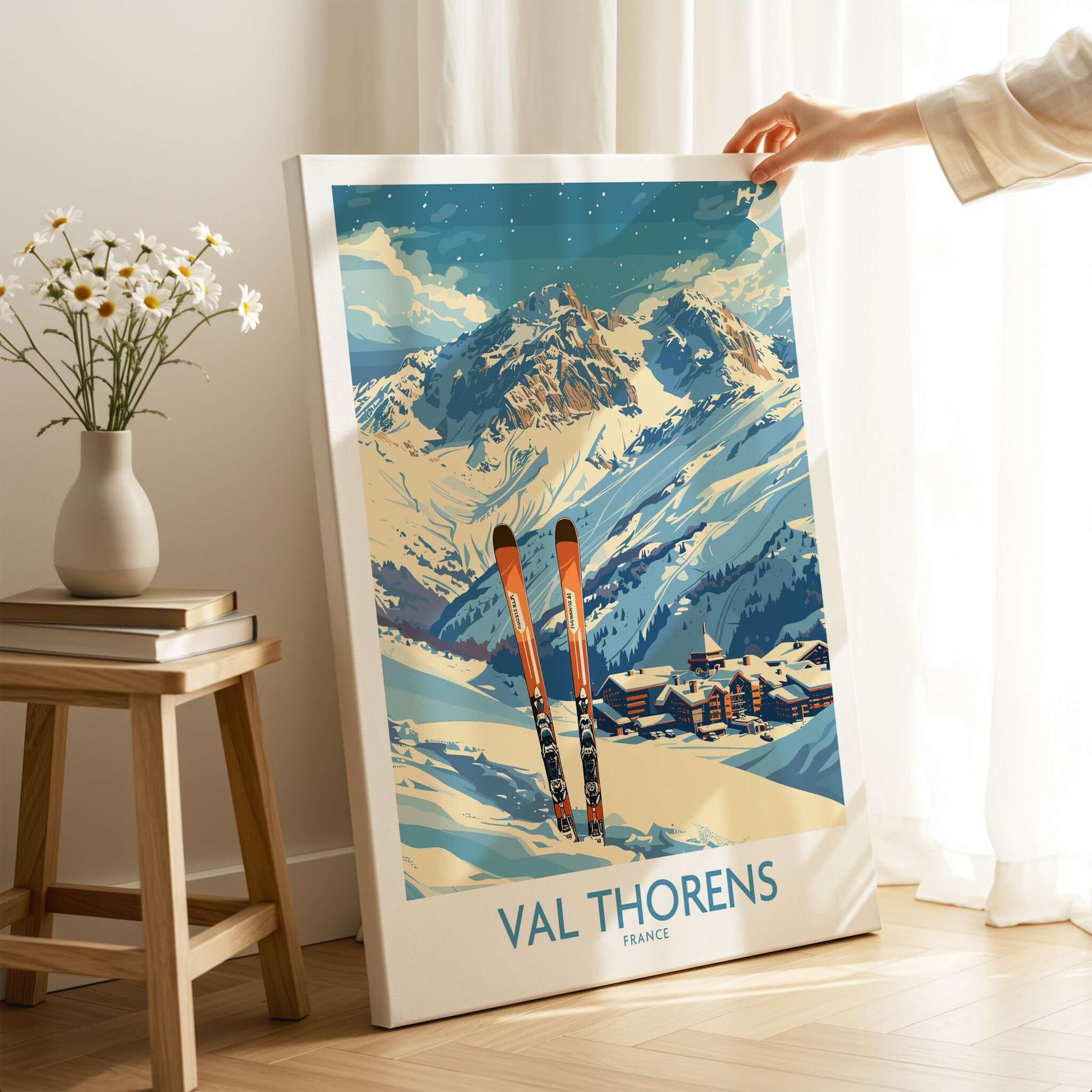 Val Thorens Print showcasing snow-capped mountains and skiing in France, perfect for home decor.