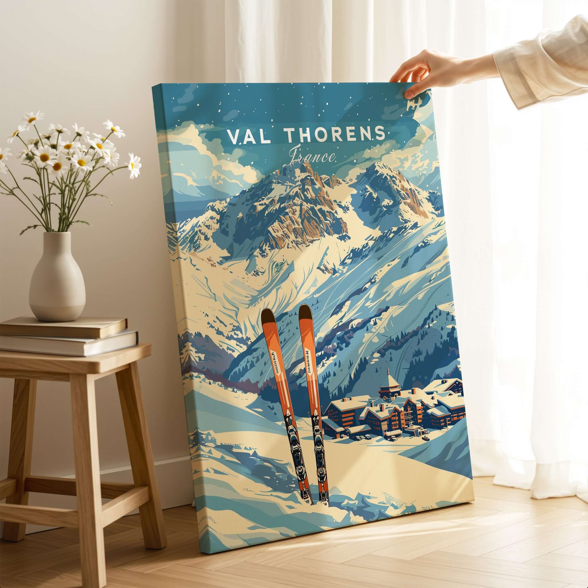 Val Thorens Travel Poster featuring snowy mountains and skis in a cozy interior setting.