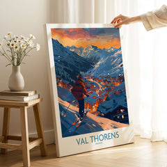 Val Thorens Ski Print capturing a skier overlooking the scenic town of Val Thorens in France at sunset.
