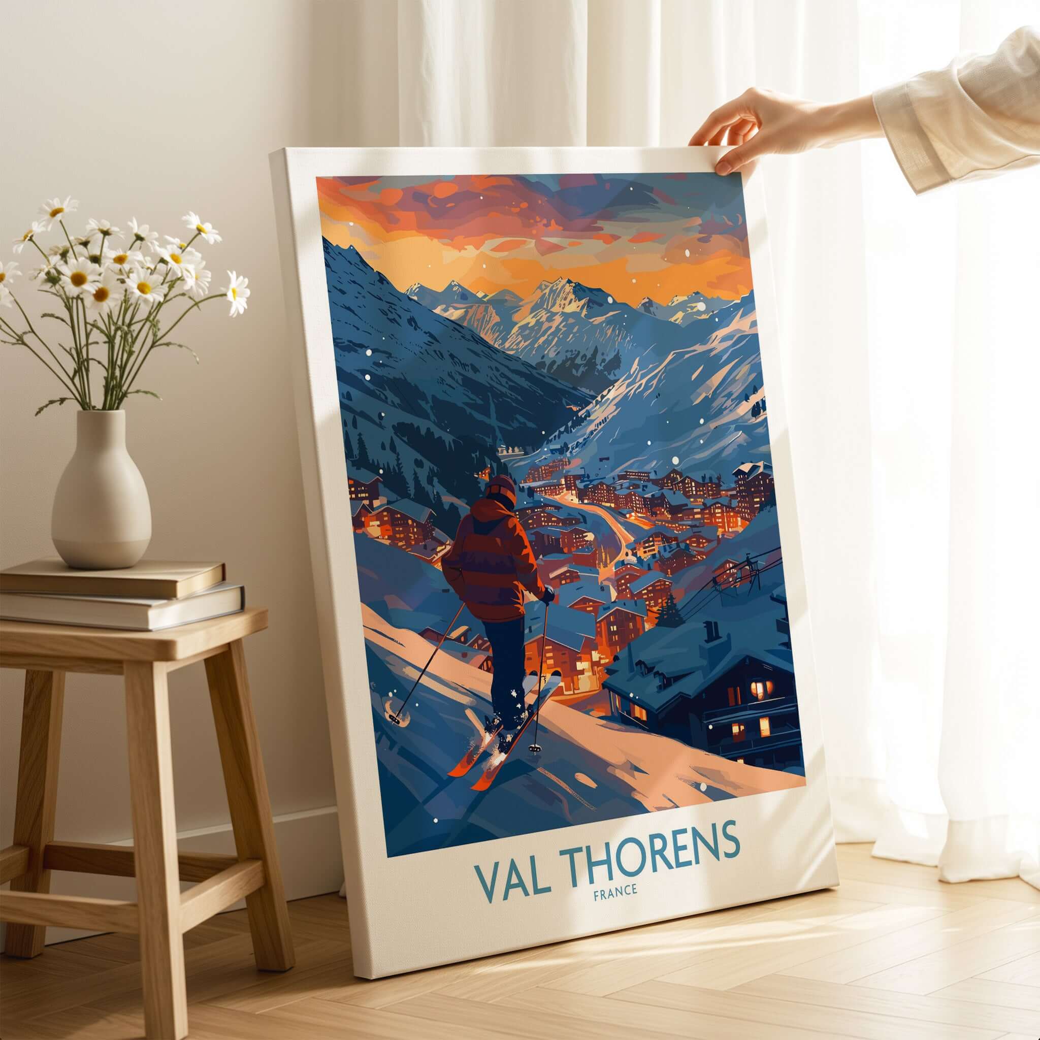 Val Thorens Ski Print capturing a skier overlooking the scenic town of Val Thorens in France at sunset.