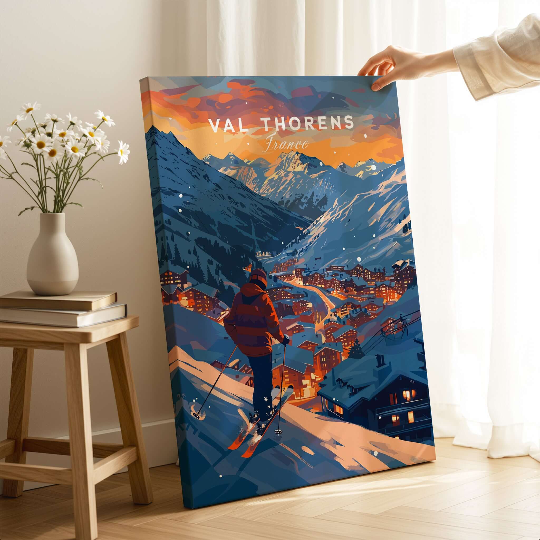 Val Thorens Ski Poster showcasing stunning scenery of the French Alps and a skier at sunset.