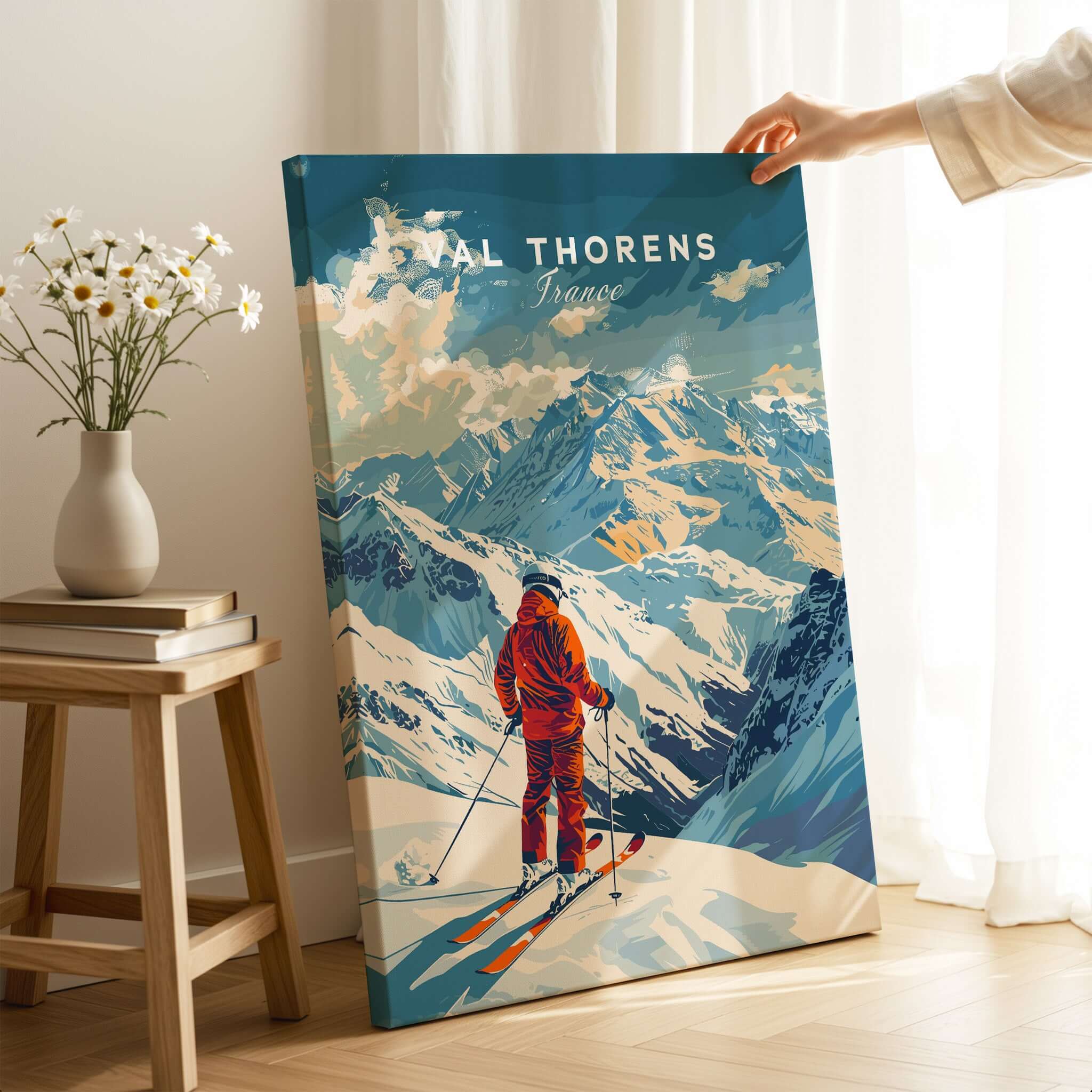 Val Thorens Poster showcasing vibrant ski scene in the French Alps, perfect for winter sports enthusiasts.