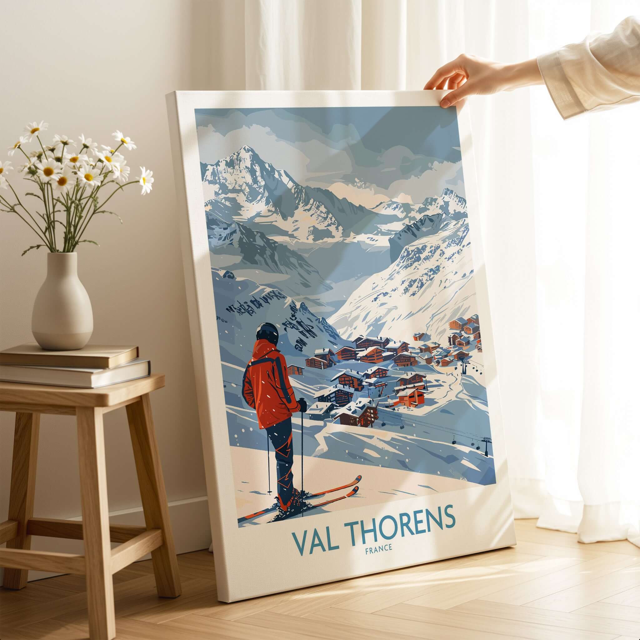 Val Thorens France Print featuring a skier in a picturesque snow-covered landscape.