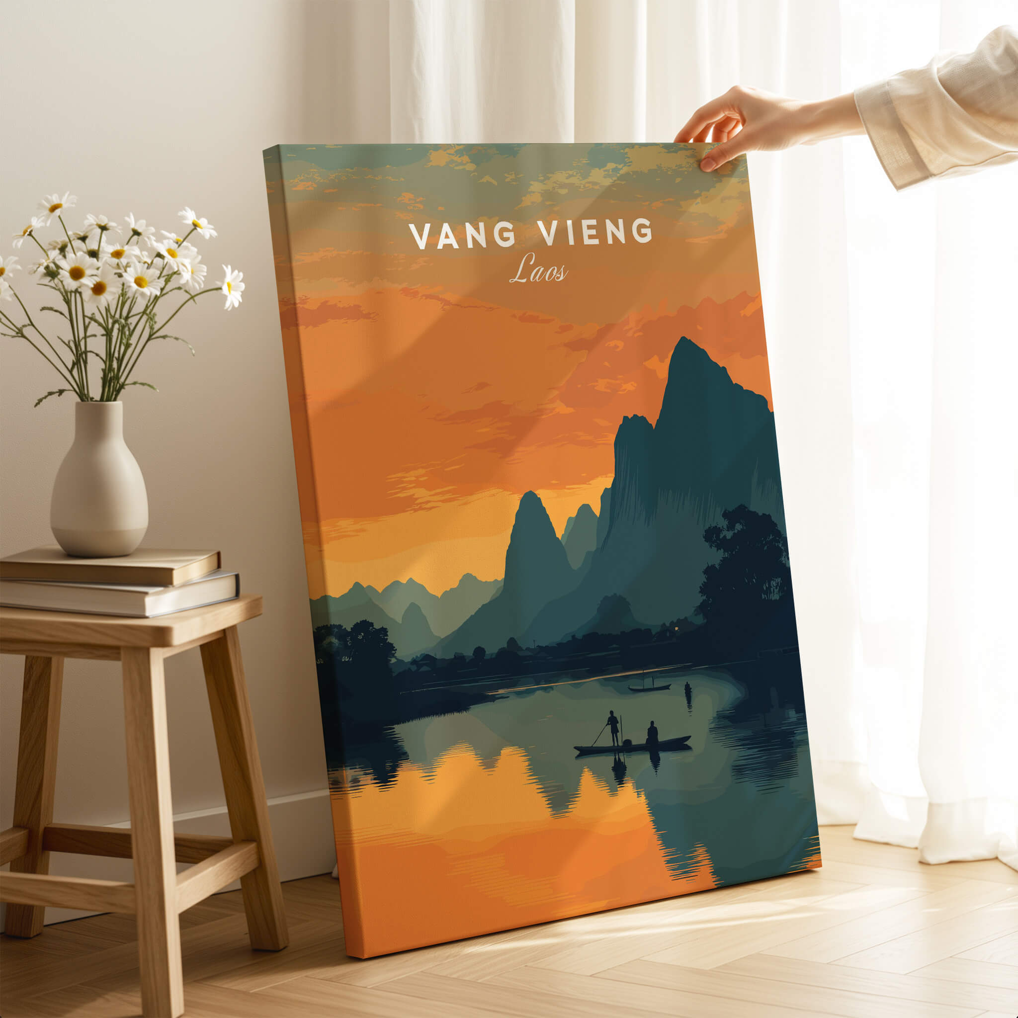 Vang Vieng Laos Travel Poster | Nam Song River Sunset Wall Art Print displayed in a cozy home setting.