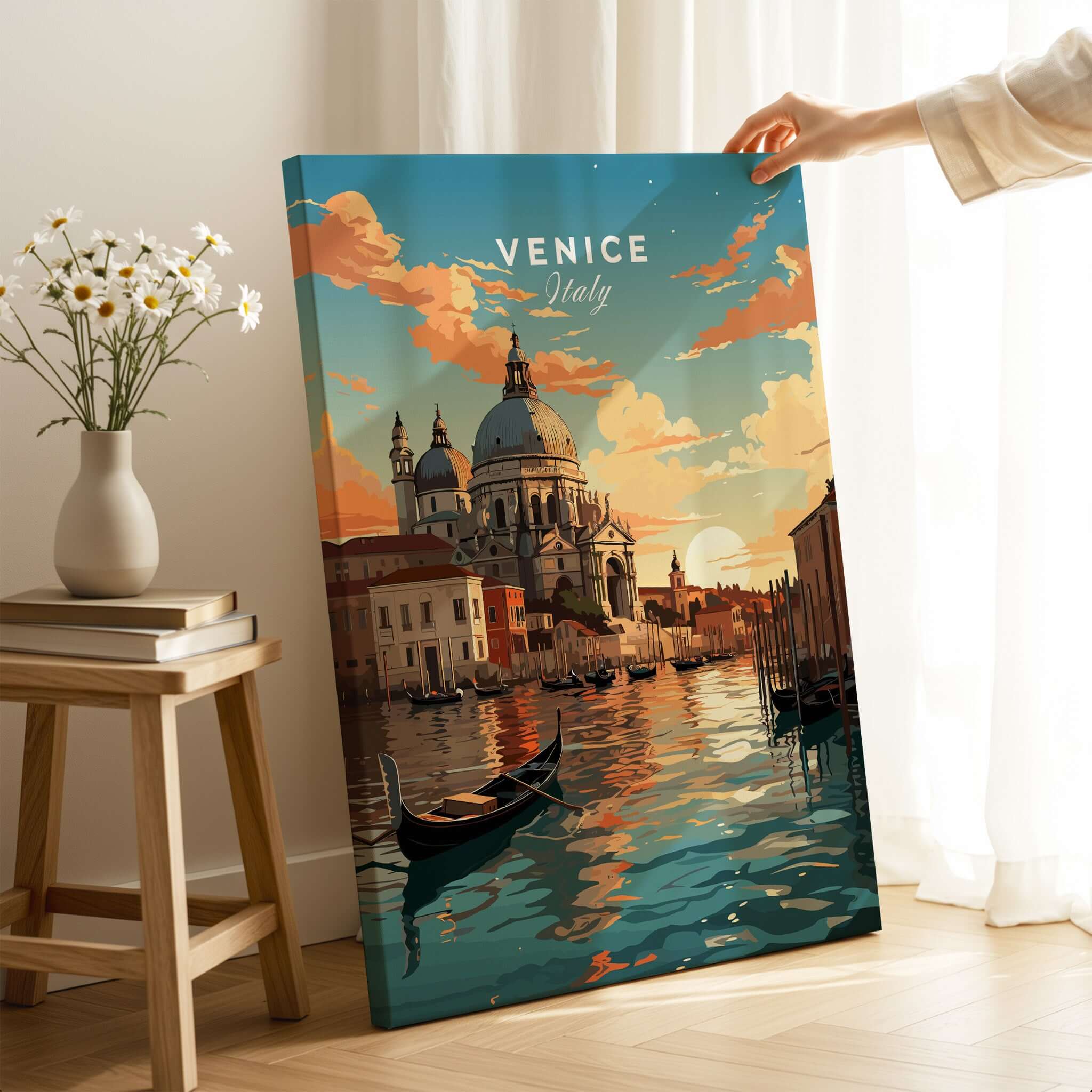 Venice Print showcasing serene canals, a gondola, and a beautiful sunset in Venice, Italy.