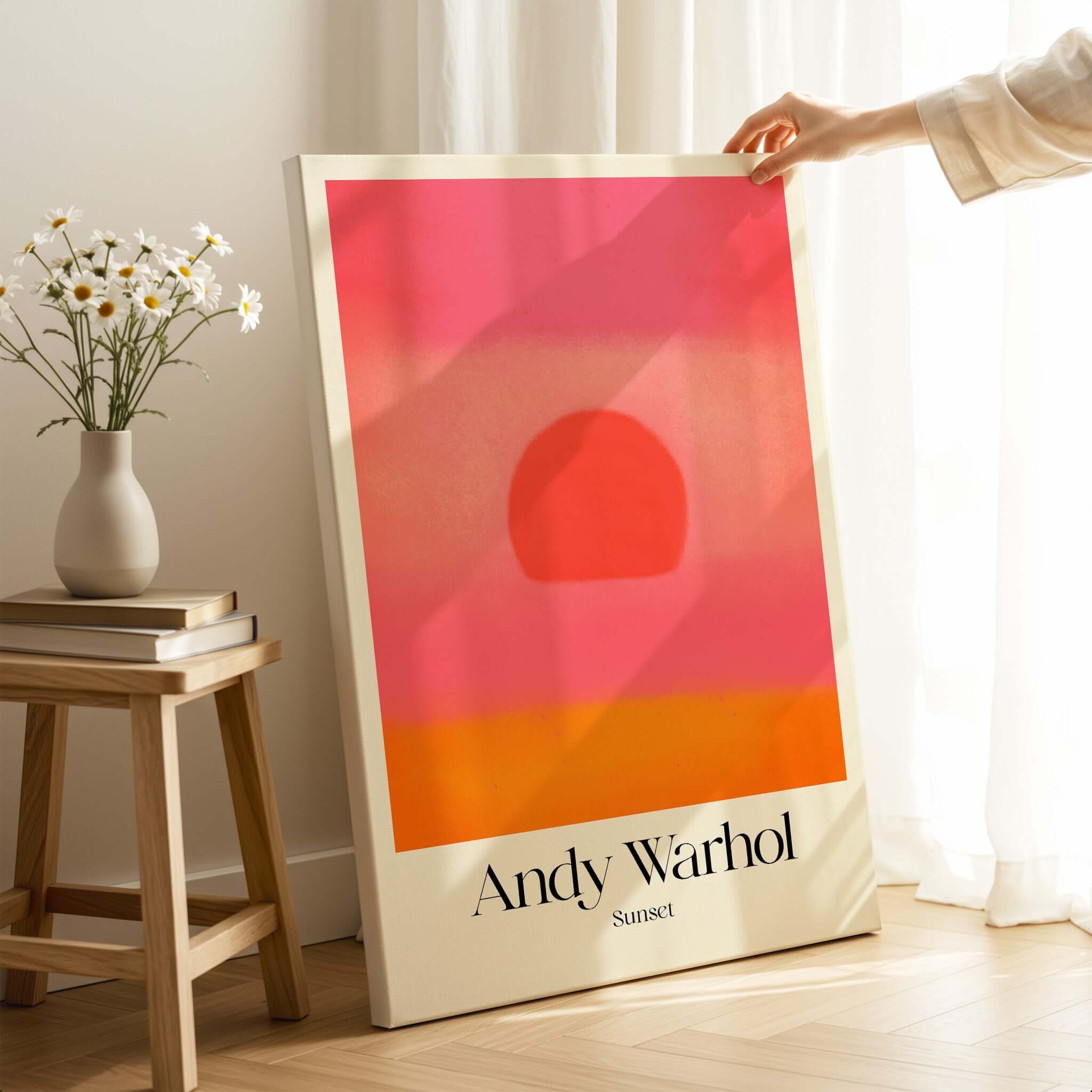 Andy Warhol Sunset Pink Orange Pop Art Print Modern Abstract Poster Wall Art displayed in a living room setting.