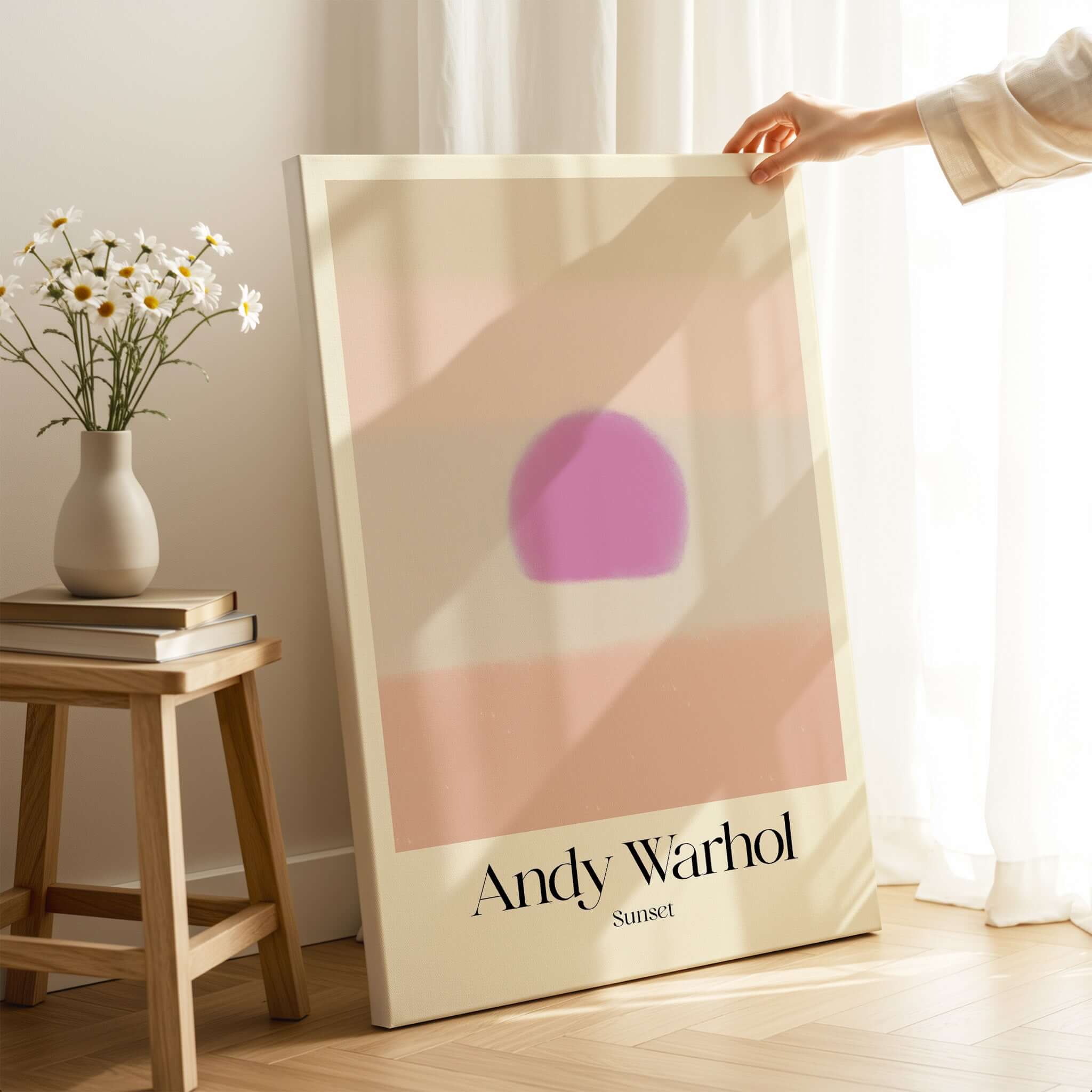 Andy Warhol Sunset Pastel Pink Purple Pop Art Print Subtle Abstract Poster Wall Art on display with soft pastel colors.