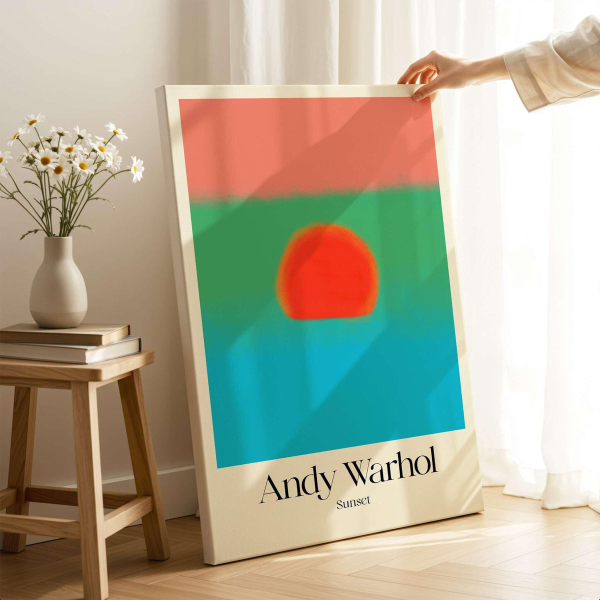 Andy Warhol Sunset Coral Green Blue Pop Art Poster Abstract Wall Art Print Modern displayed in a bright room.