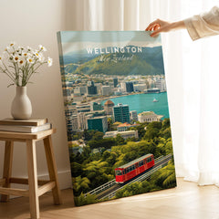 Wellington New Zealand Wall Art Print | Travel Poster showcasing the iconic harbor and colorful buildings of Wellington.