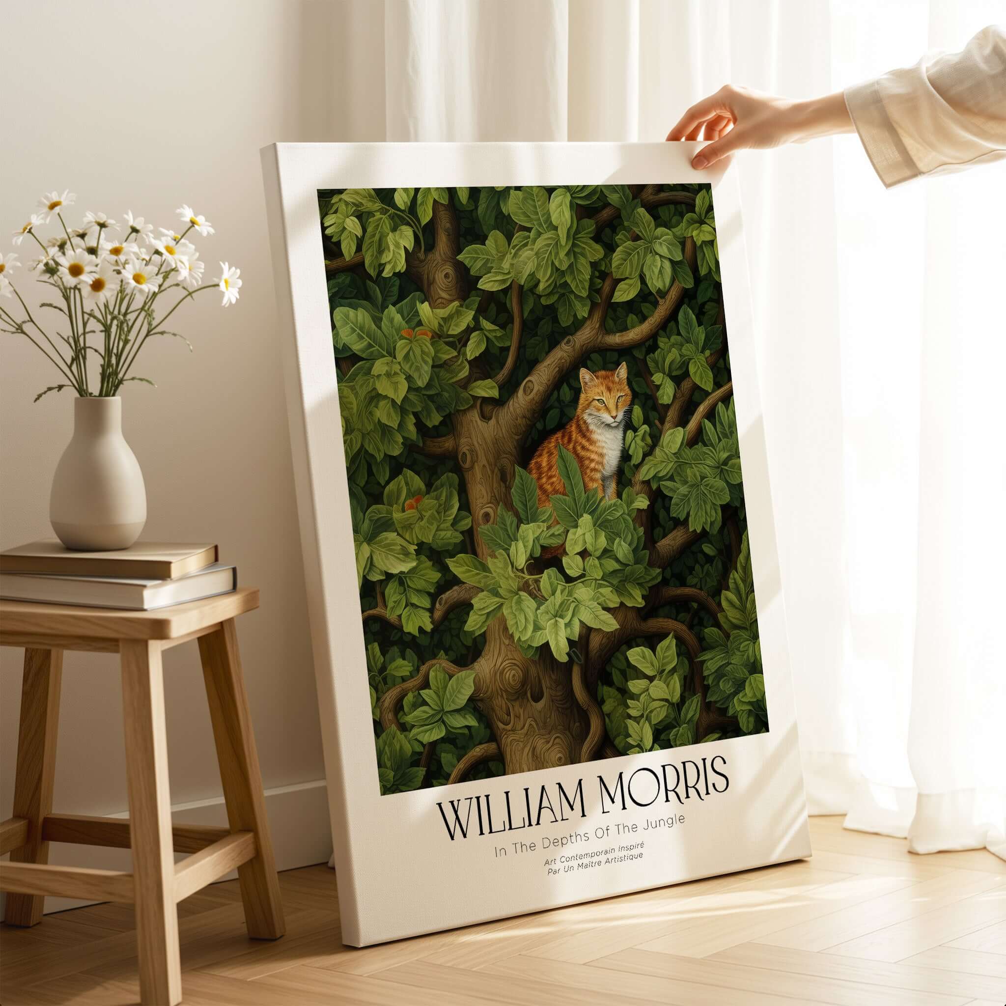 William Morris Ginger Cat in Tree Botanical Art Print - Foliage Poster displayed in a cozy home setting.