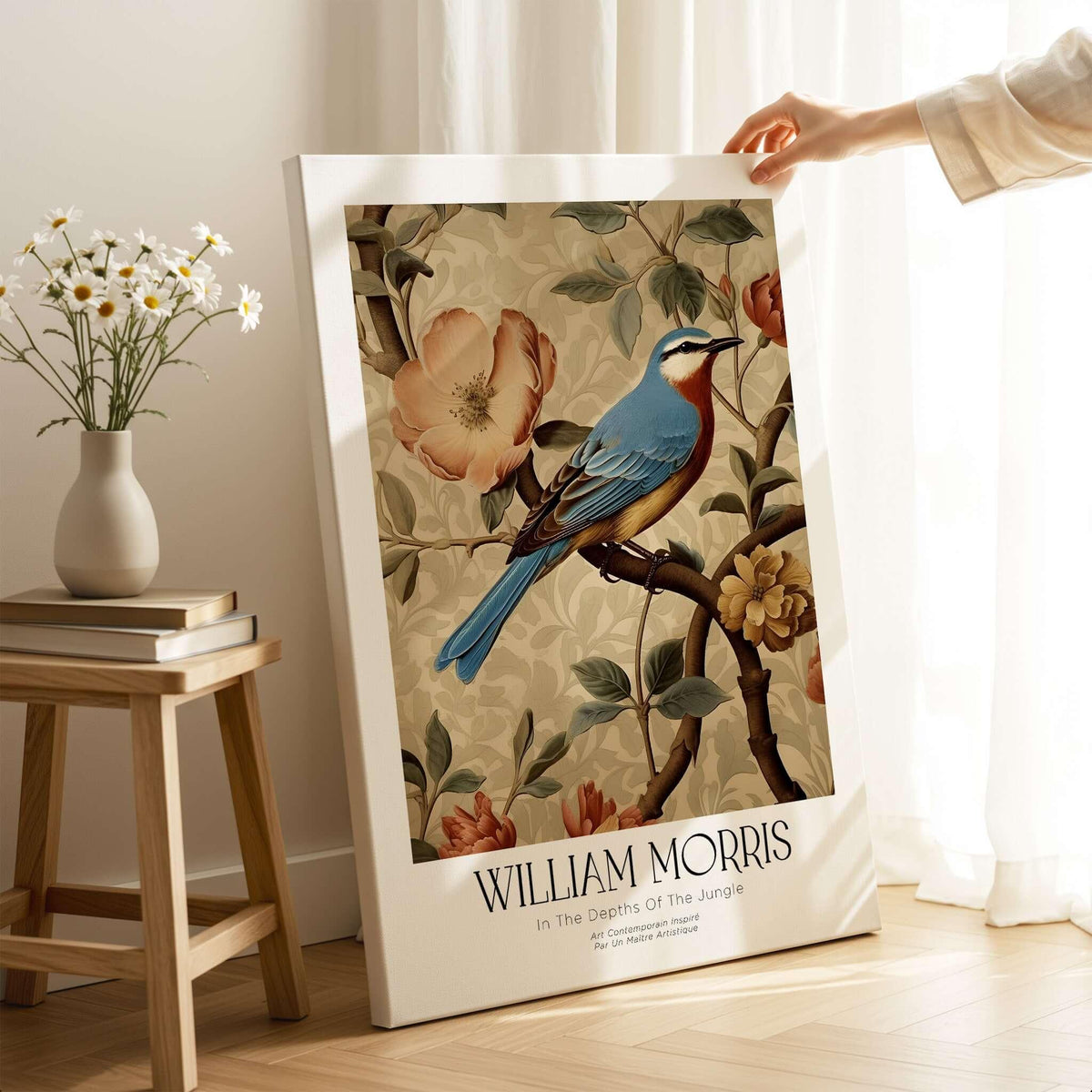 William Morris Prints - Blue Bird Floral Art Print - Botanical Poster displayed against a natural backdrop.