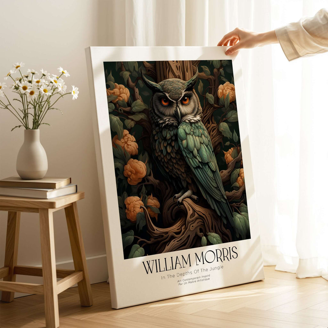 William Morris Prints - Wise Owl Botanical Art Print - Floral Tree Poster showcasing an owl perched on a tree with flowers.