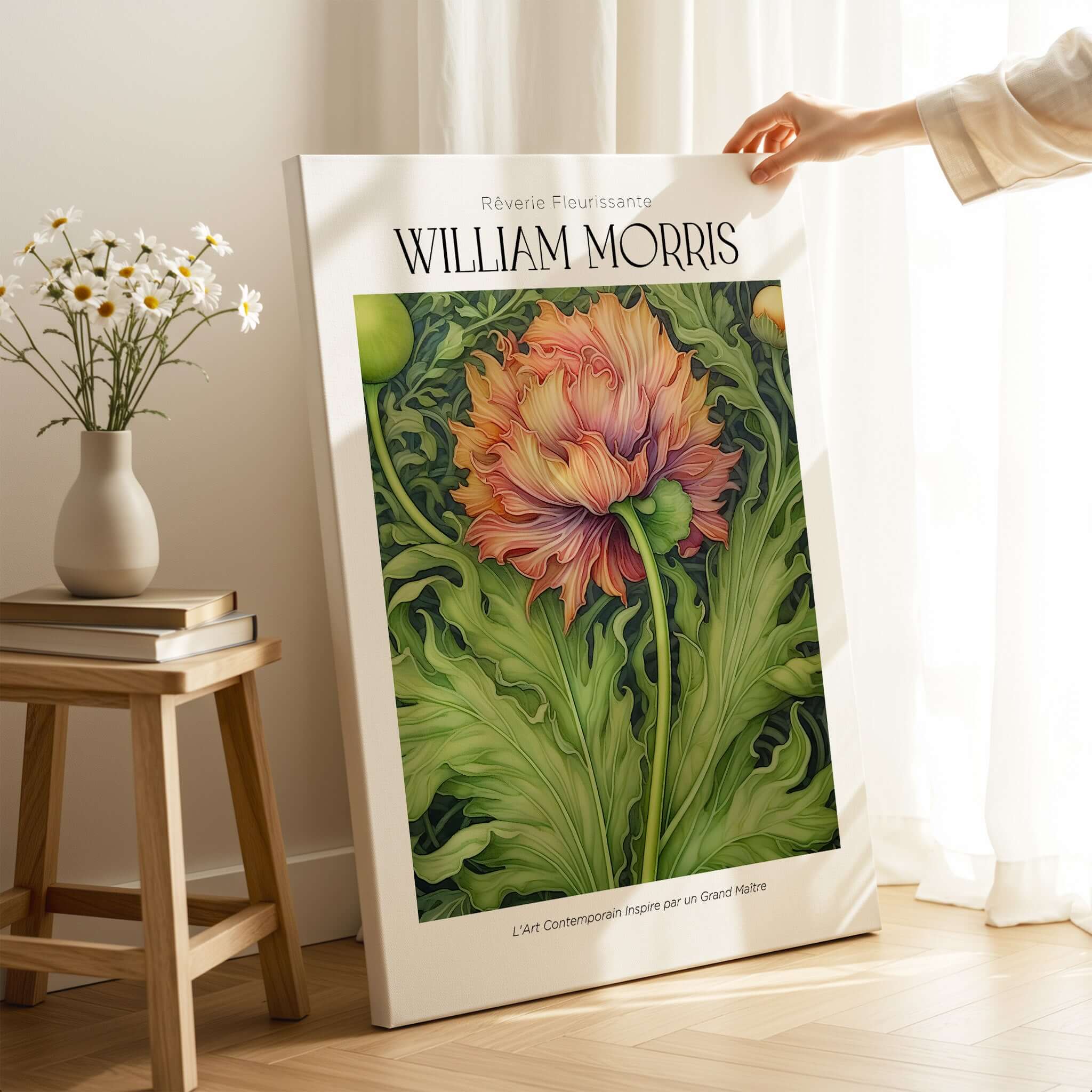 William Morris Prints - Large Floral Bloom Art Print - Botanical Poppy Poster displayed in bright room with plants.