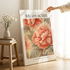 William Morris Prints - Pink Peony Pattern Art Print - Floral Botanical Poster displayed in a stylish room.