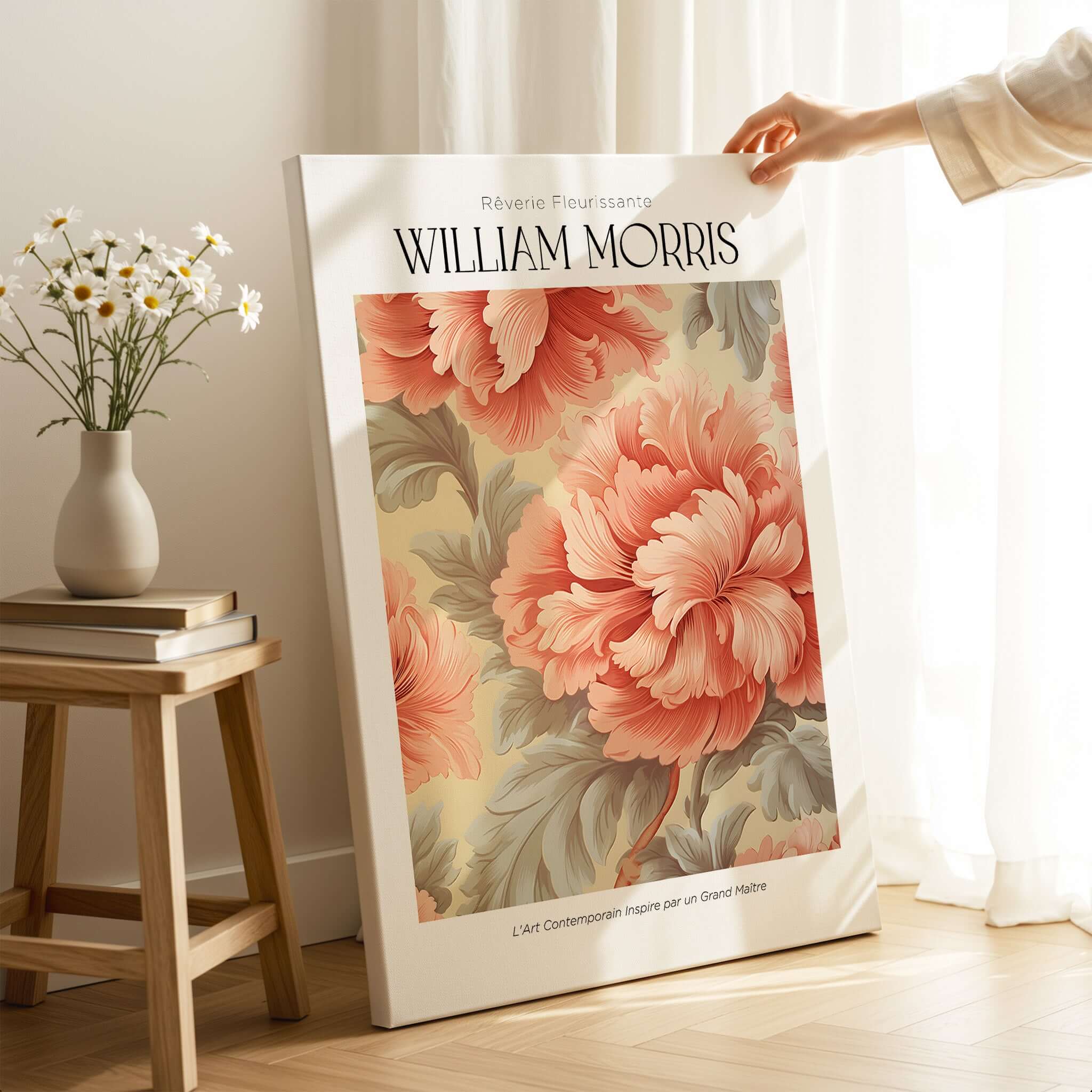 William Morris Prints - Pink Peony Pattern Art Print - Floral Botanical Poster displayed in a stylish room.