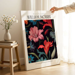 William Morris Prints - Dark Floral Lily Art Print - Vibrant Botanical Poster displayed in a light-filled interior.