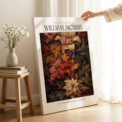William Morris Prints - Rich Floral Foliage Pattern Art Print - Autumnal Botanical Poster in a cozy interior setting.
