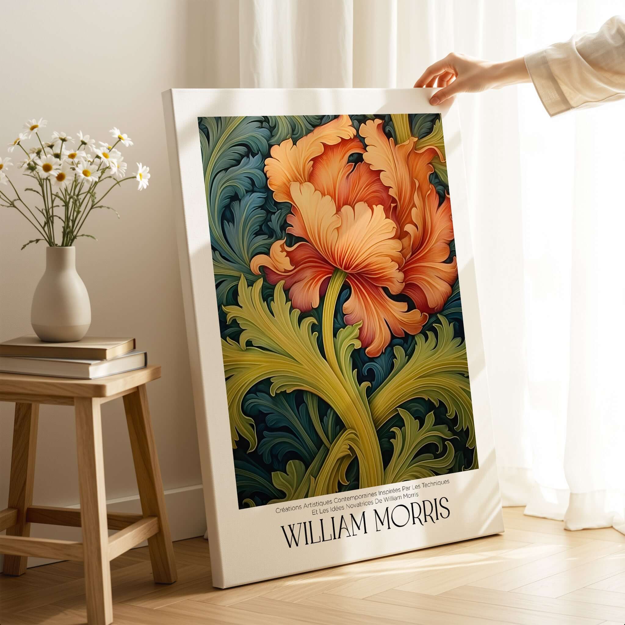 William Morris Orange Bloom Swirling Leaves Art Print - Botanical Poster displayed in a cozy interior setting.