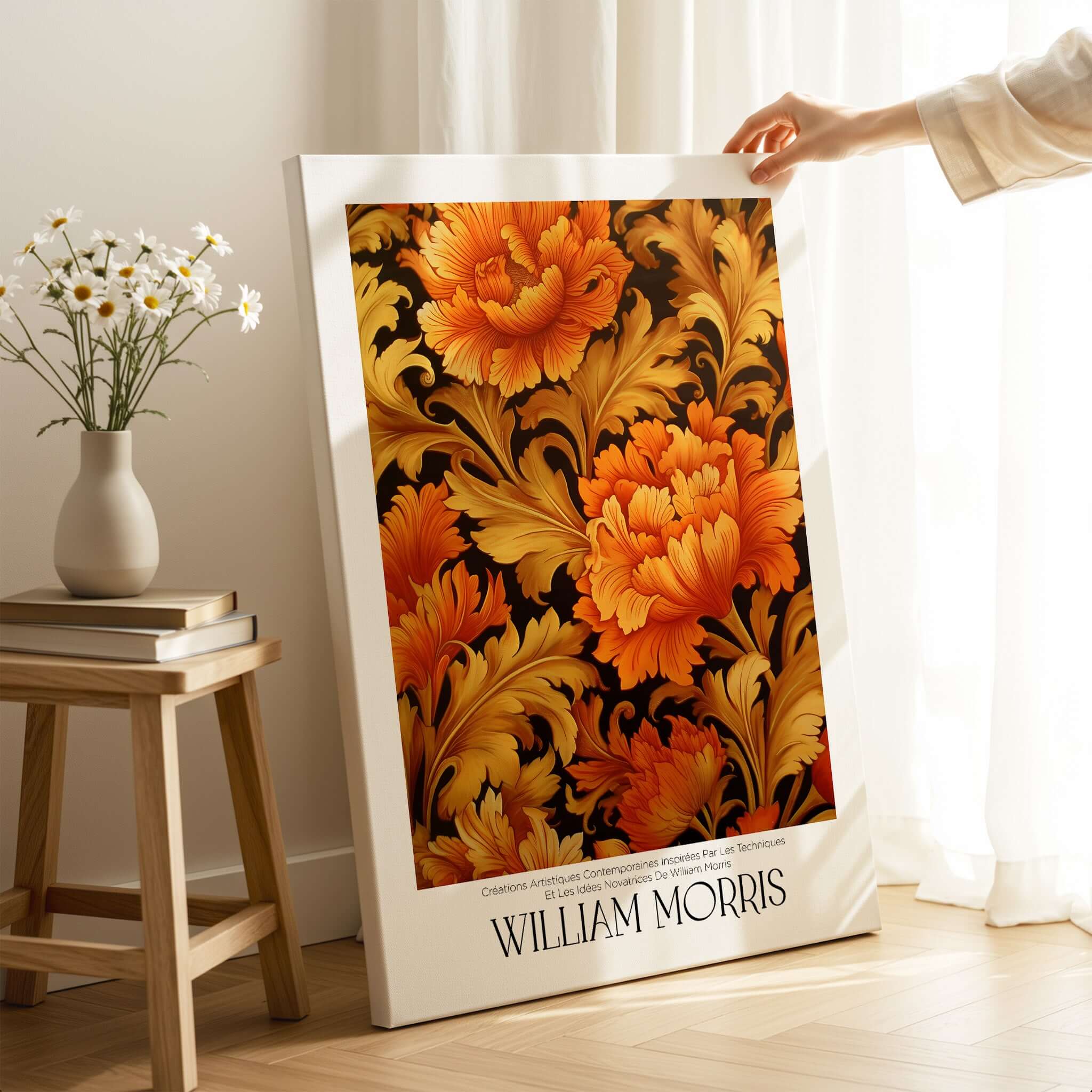 William Morris Prints - Orange Gold Floral Pattern Art Print - Dark Botanical Poster displayed in a bright room.