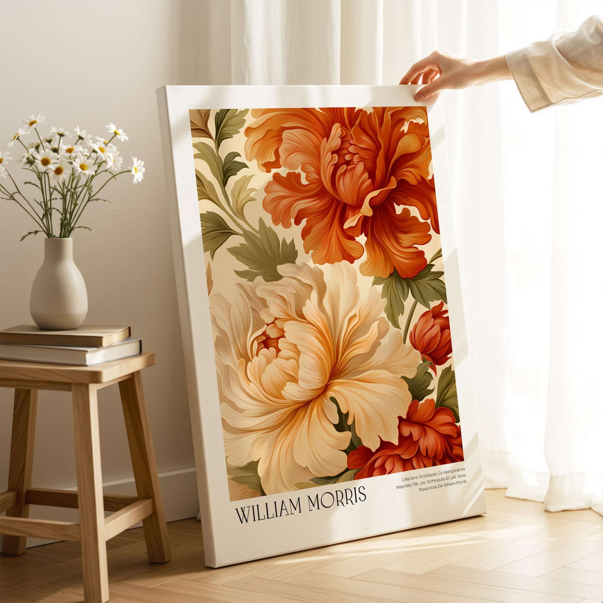 William Morris Art Prints - Peony Blooms Art Print - Orange Cream Floral Poster displayed in a bright room with flowers.