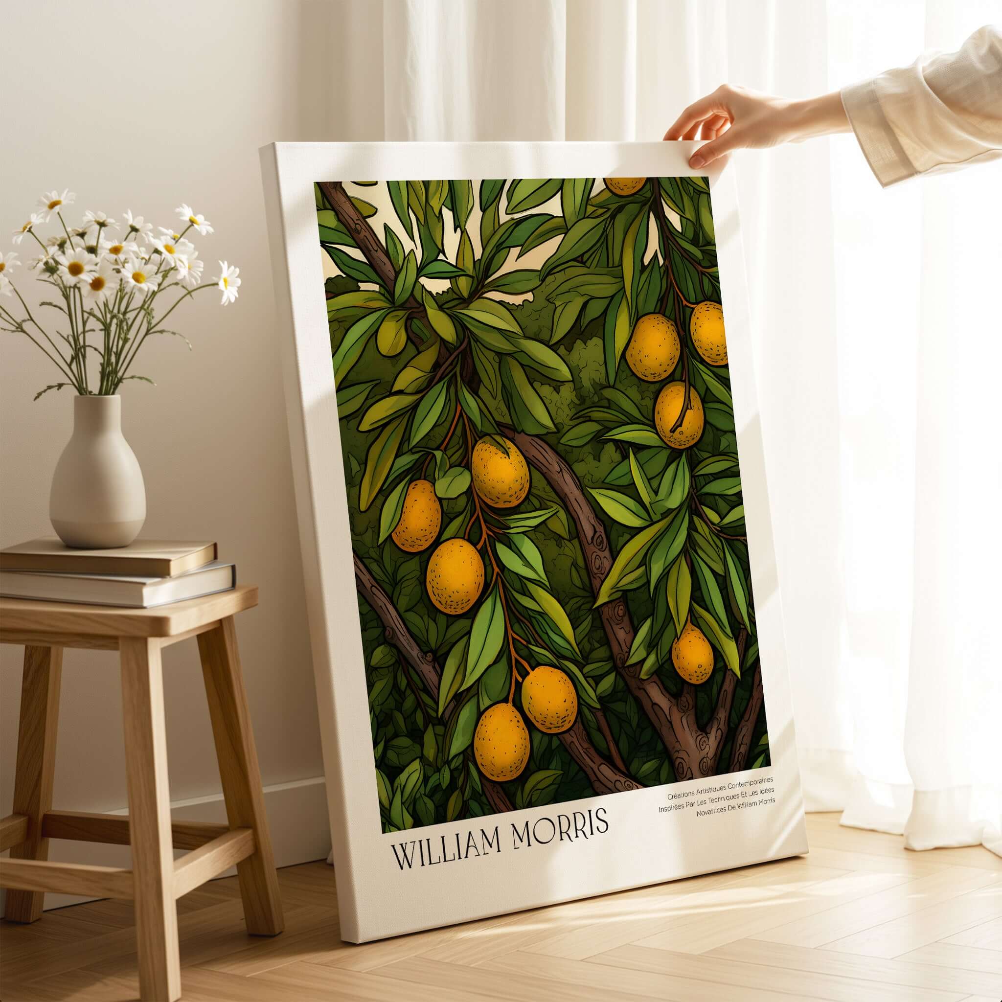 William Morris Prints - Illustrated Orange Tree Art Print - Botanical Fruit Poster featuring vibrant orange fruits and lush green leaves.