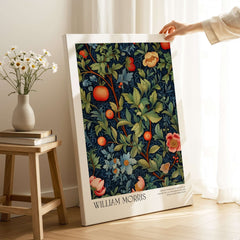 William Morris William Morris Fruit and Floral Vine Art Print - Dark Botanical Poster displayed in a stylish home setting.