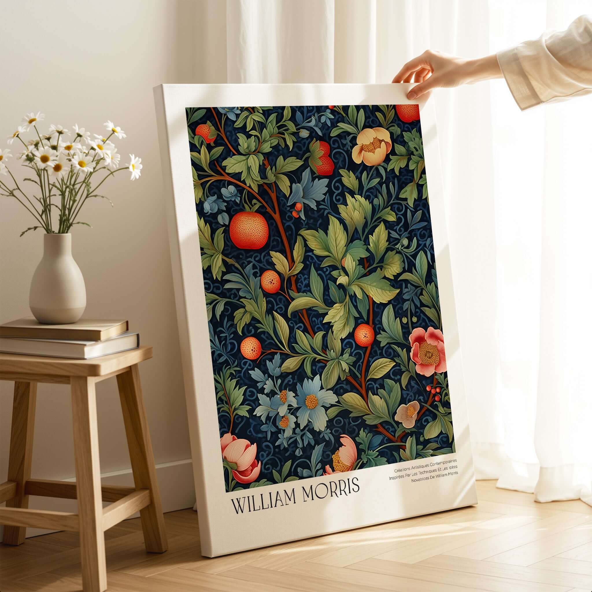William Morris William Morris Fruit and Floral Vine Art Print - Dark Botanical Poster displayed in a stylish home setting.