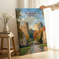 Windsor England travel poster canvas print held in cozy room with natural light and flowers