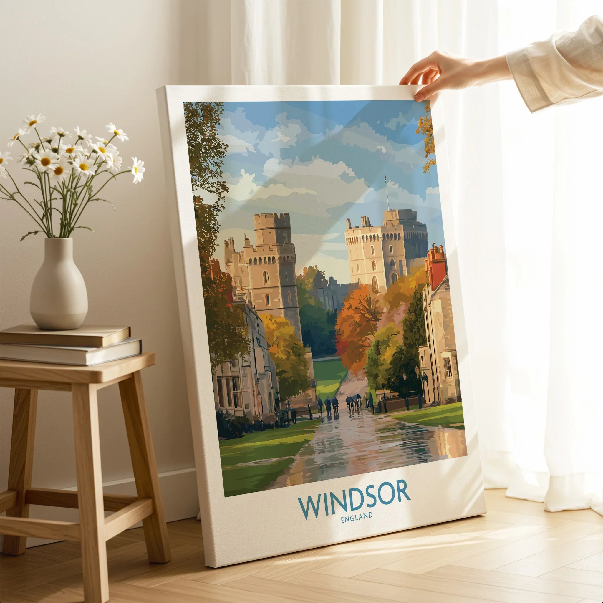 Windsor England canvas wall art with castle illustration, hand holding print in modern room