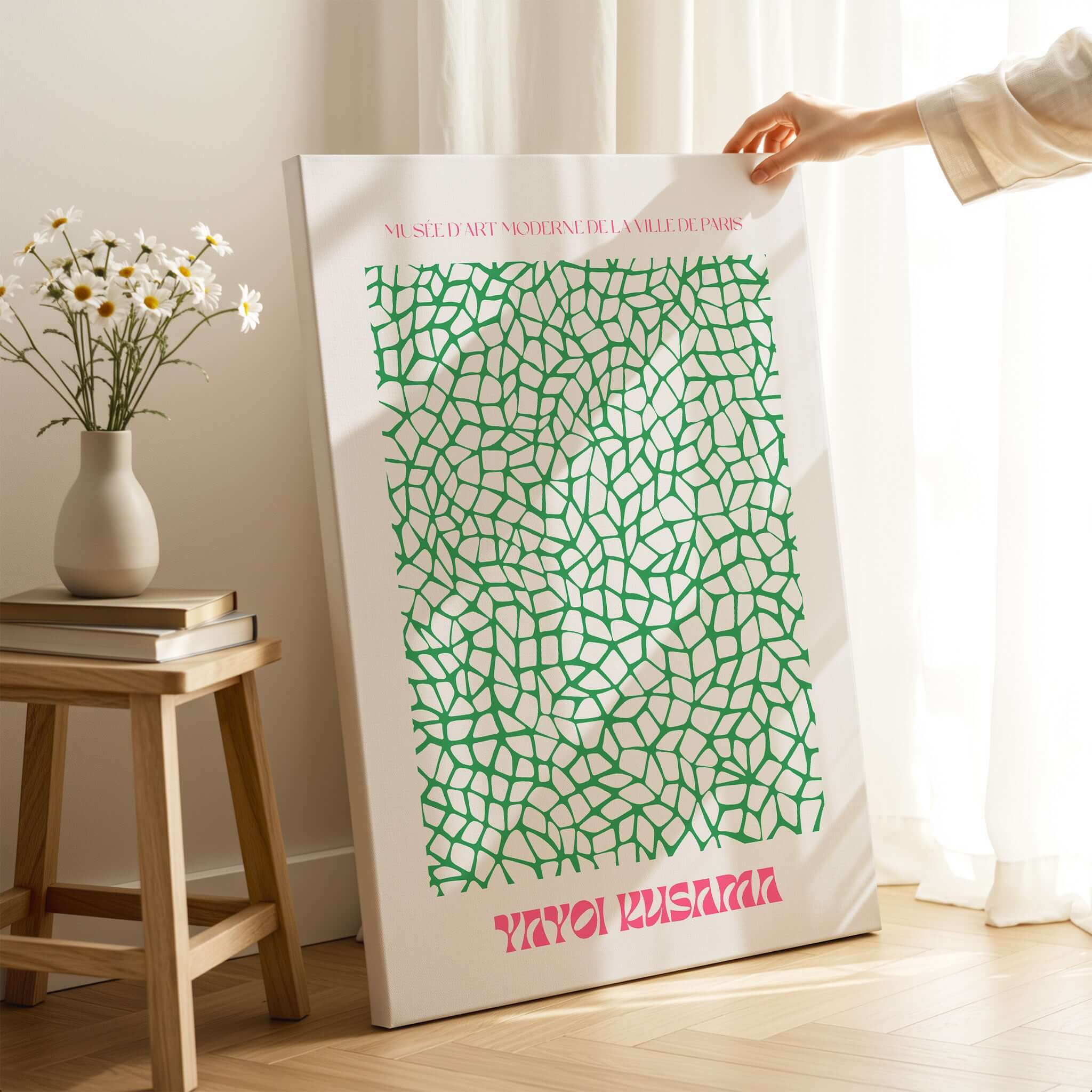 Yayoi Kusama Green Net Pattern Abstract Contemporary Art Print Paris Poster Decor displayed in a modern interior setting.
