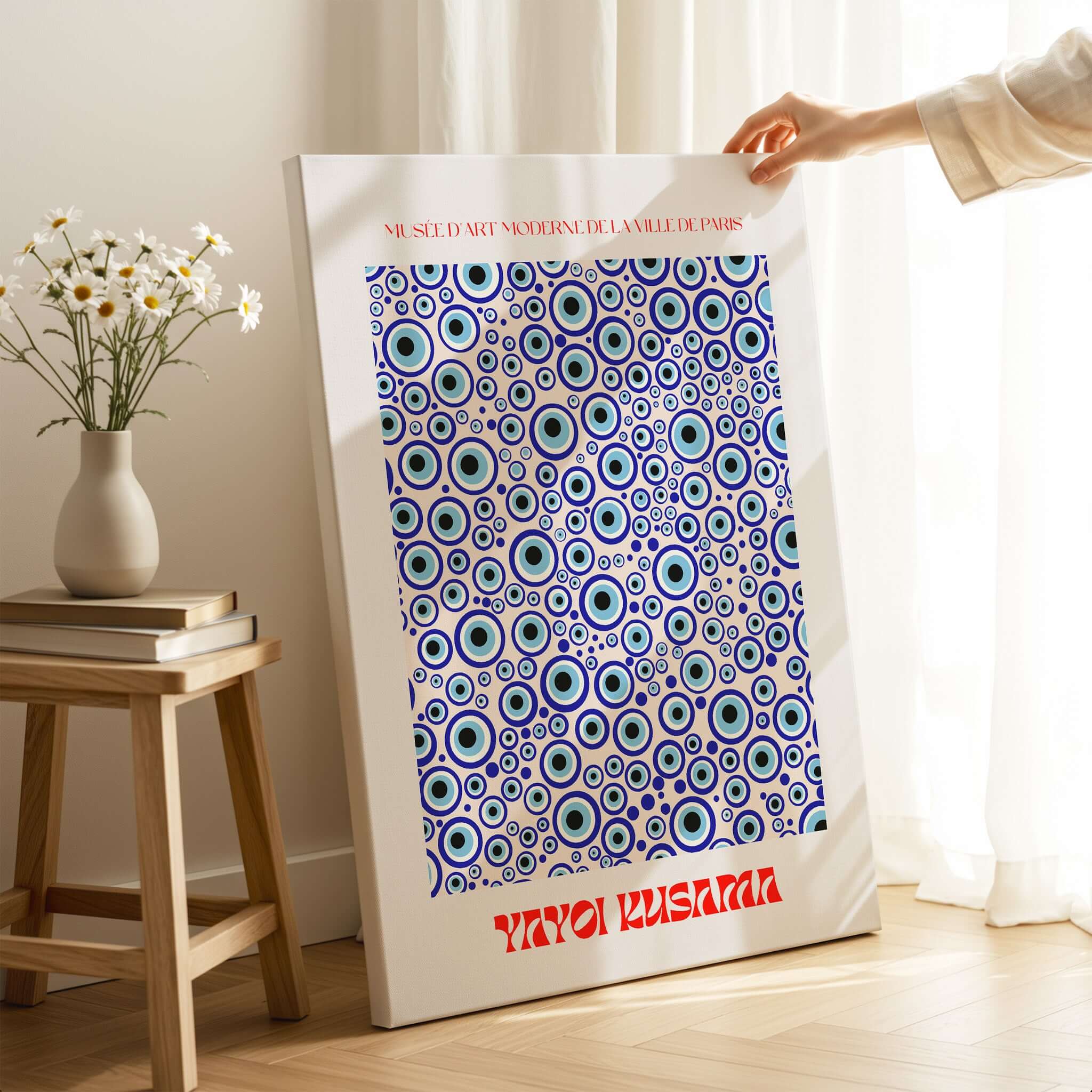 Yayoi Kusama Evil Eye Pattern Blue Contemporary Art Print Poster Paris Wall Decor displayed in a bright room.