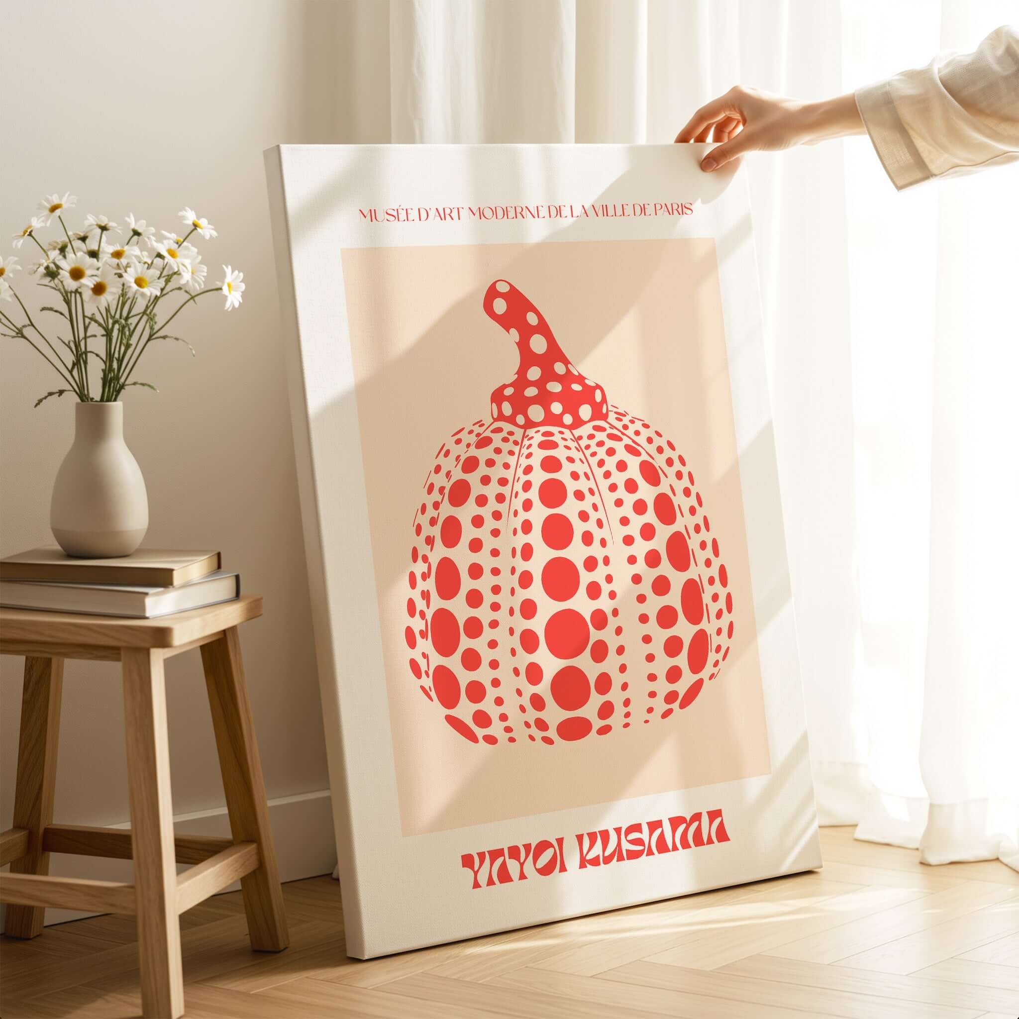 Yayoi Kusama Red Pumpkin Polka Dot Pop Art Print Poster Paris Exhibition Wall Art displayed in modern living space.