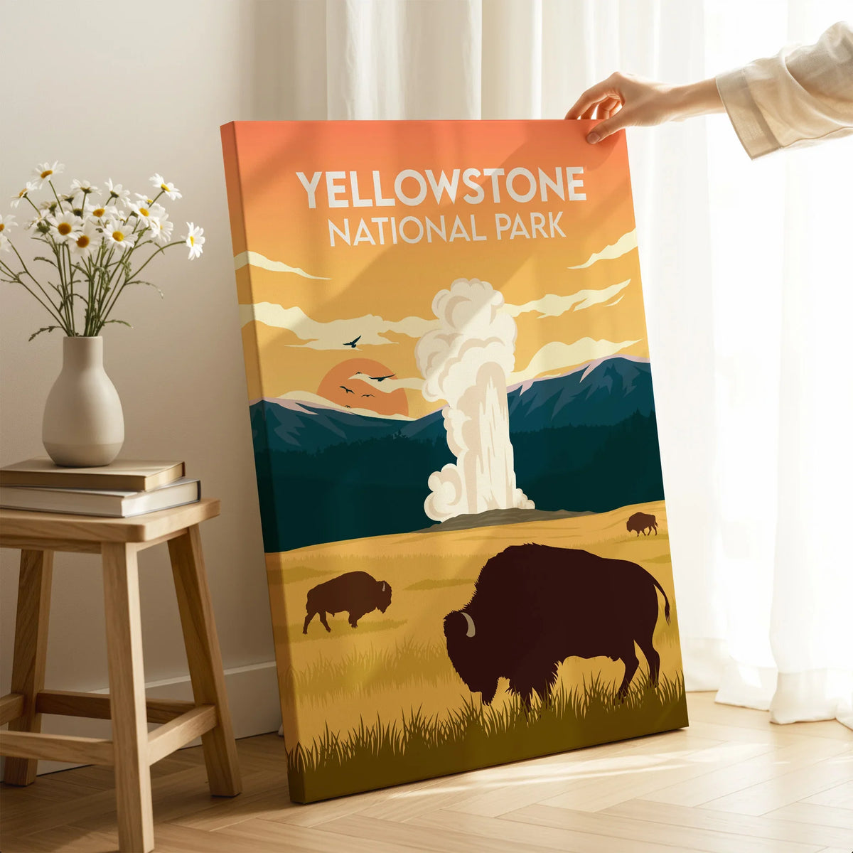 Yellowstone National Park canvas print with bison and geyser in a modern room setting