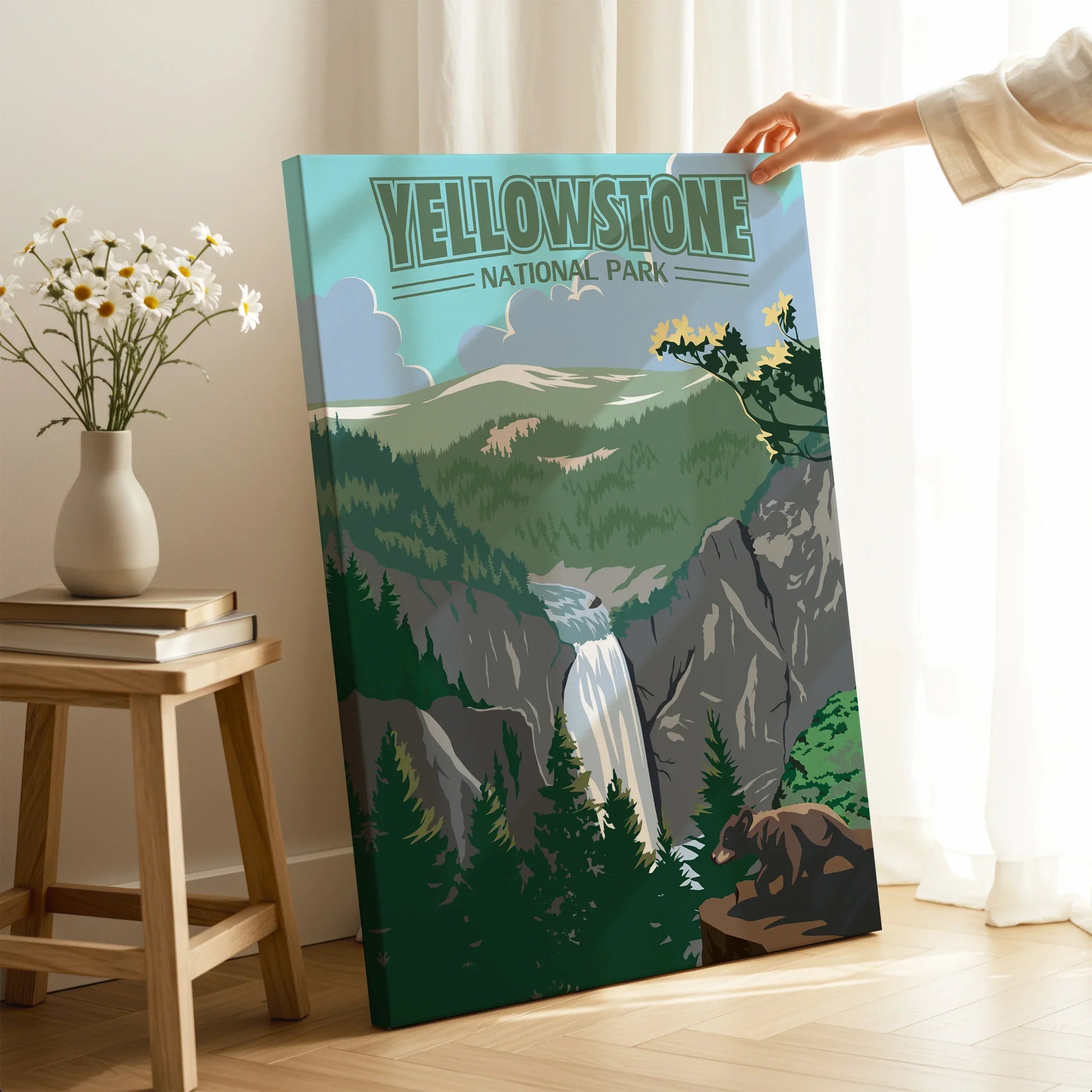 Yellowstone National Park art print with waterfall and bear, displayed in modern home setting
