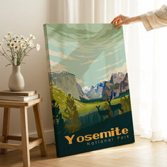 Yosemite National Park canvas wall art with mountains and deer, held in cozy room