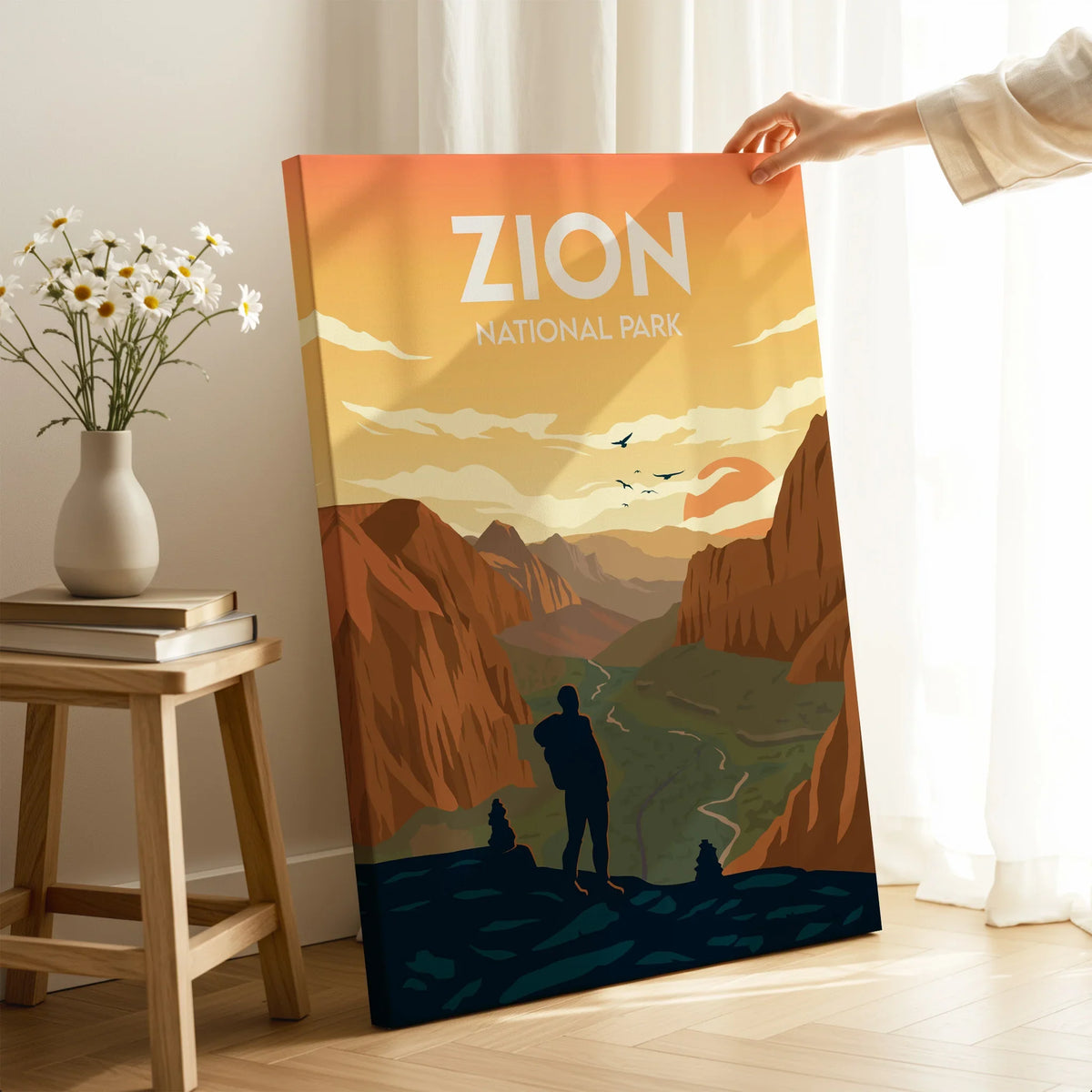 Zion National Park travel poster canvas print with hiker in scenic room decor setting