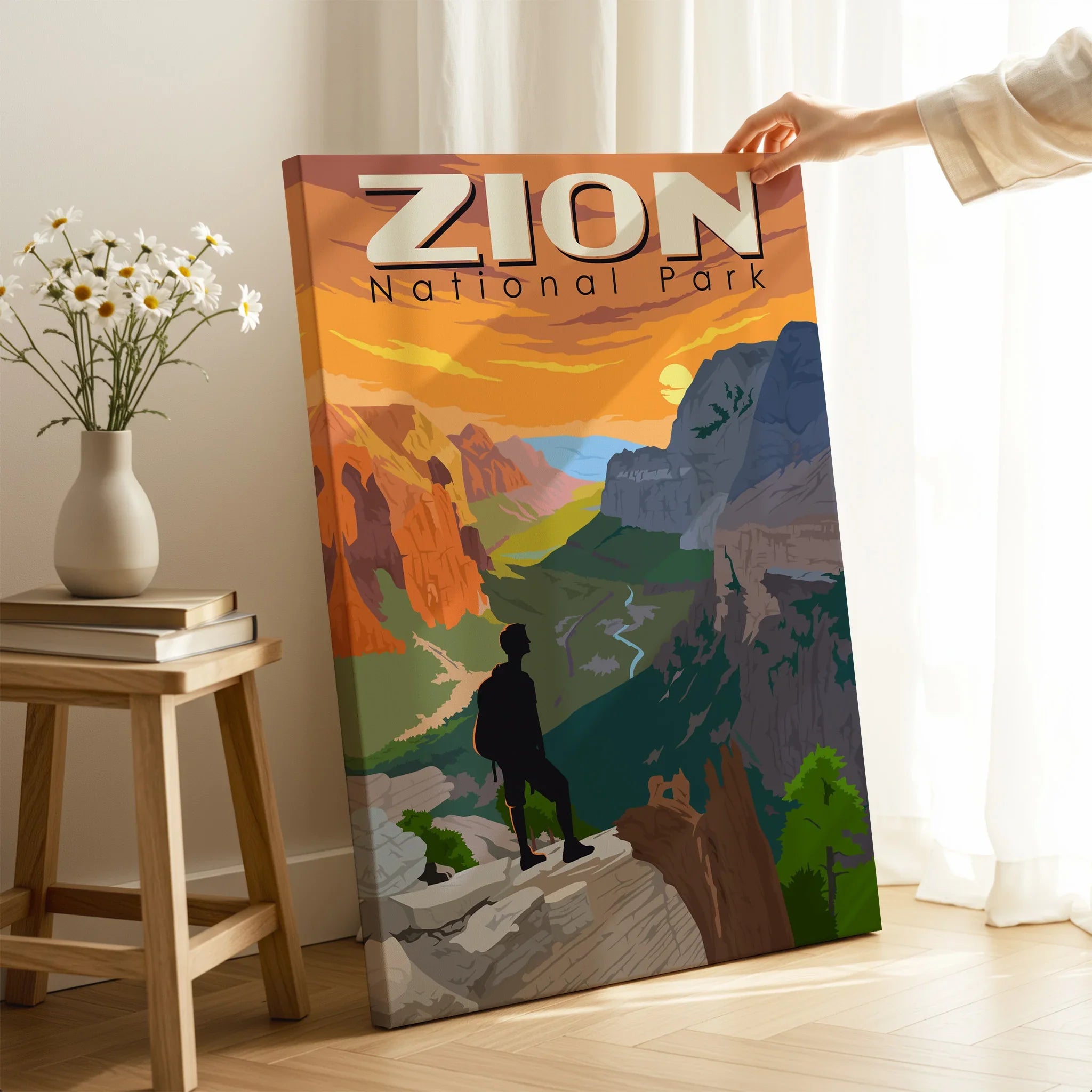 Zion National Park travel poster canvas art with hiker and scenic canyon in living room setting