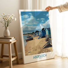 Abersoch Wales Beach Huts Art Print | Coastal Boats Wall Decor Poster showcasing colorful beach huts by the shore.