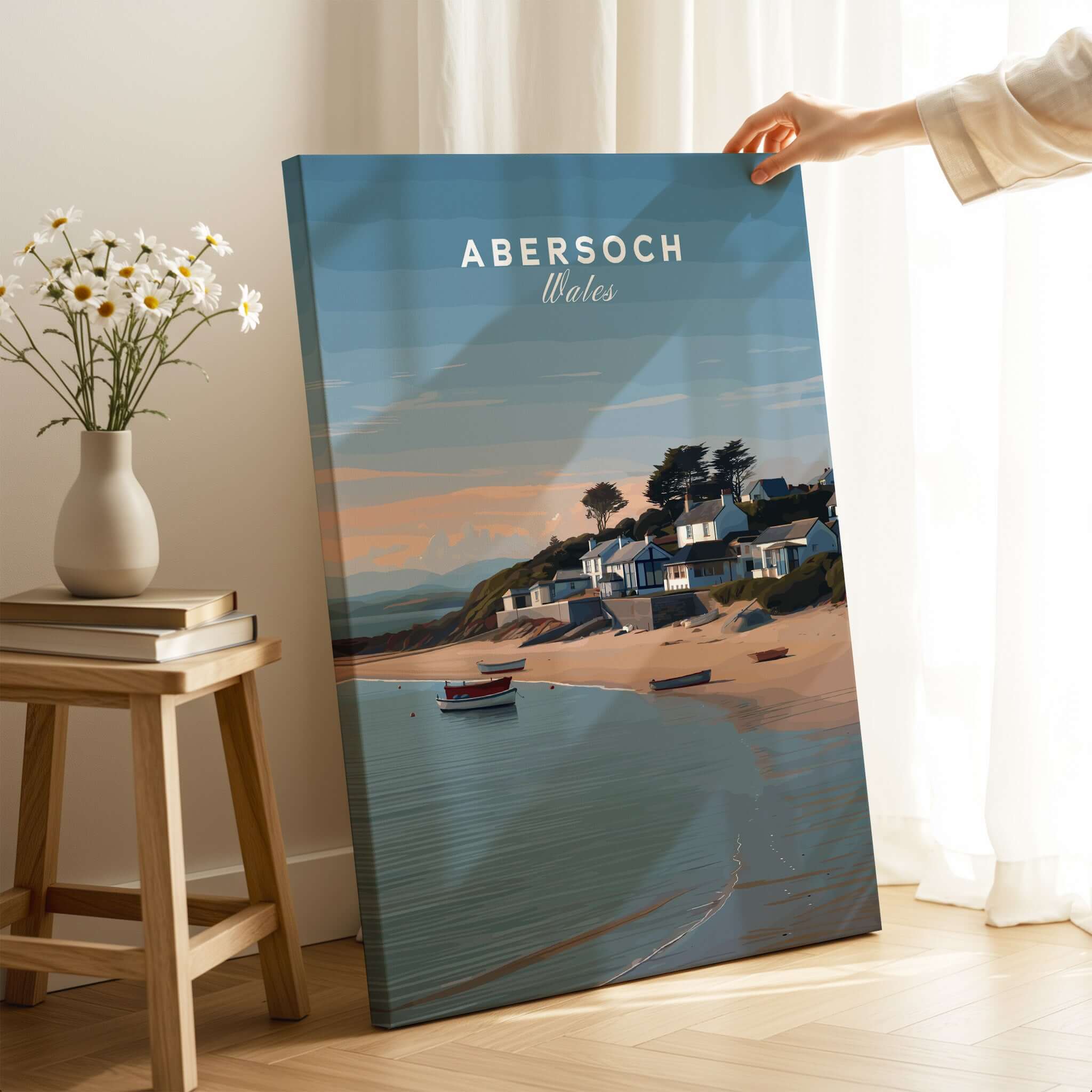 Abersoch Llyn Peninsula Shoreline View Canvas Print | Welsh Seaside Travel Poster on display with coastal scene.