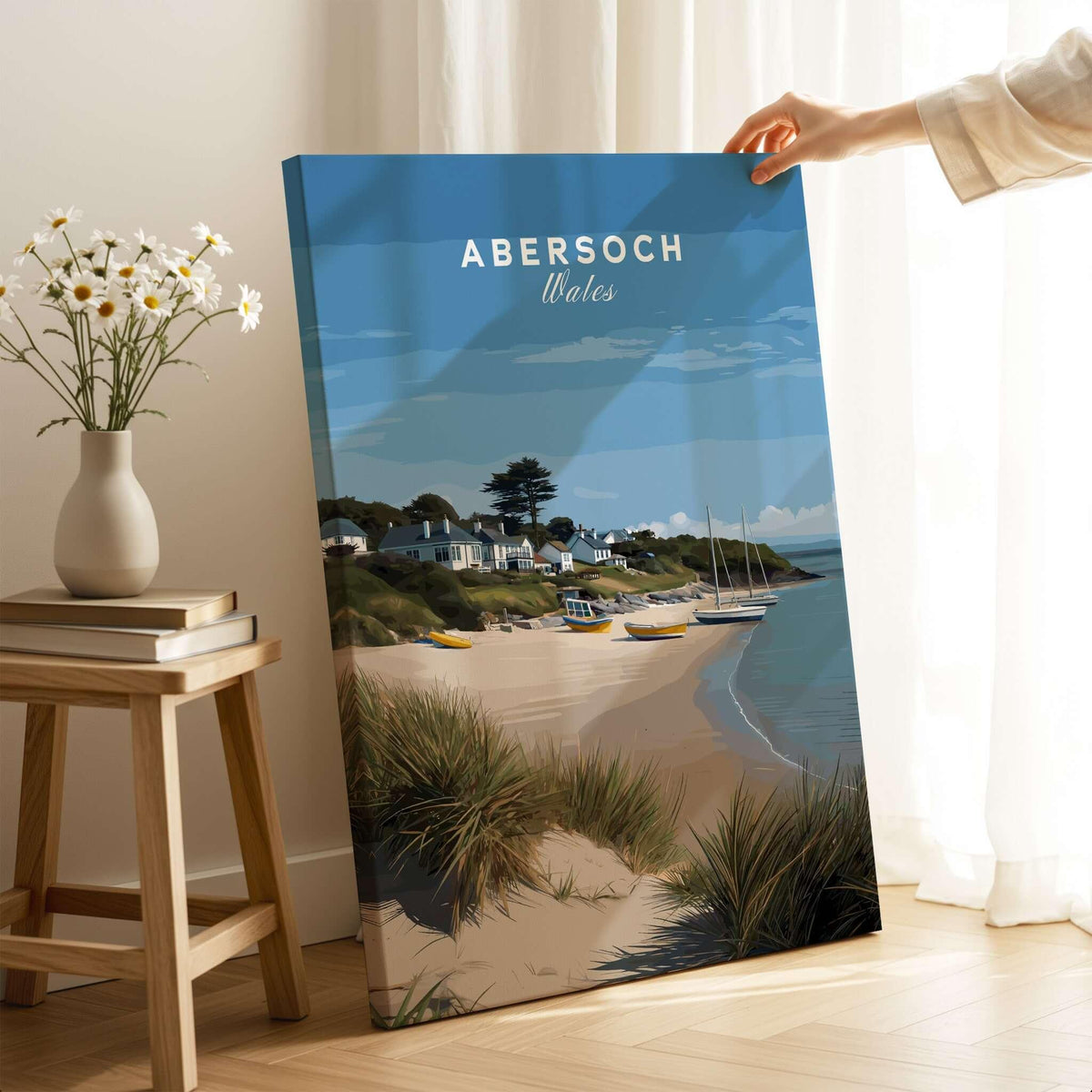 Abersoch Llyn Peninsula Boating Scene Canvas Print | Welsh Seaside Home Decor displayed in a cozy living room setting.