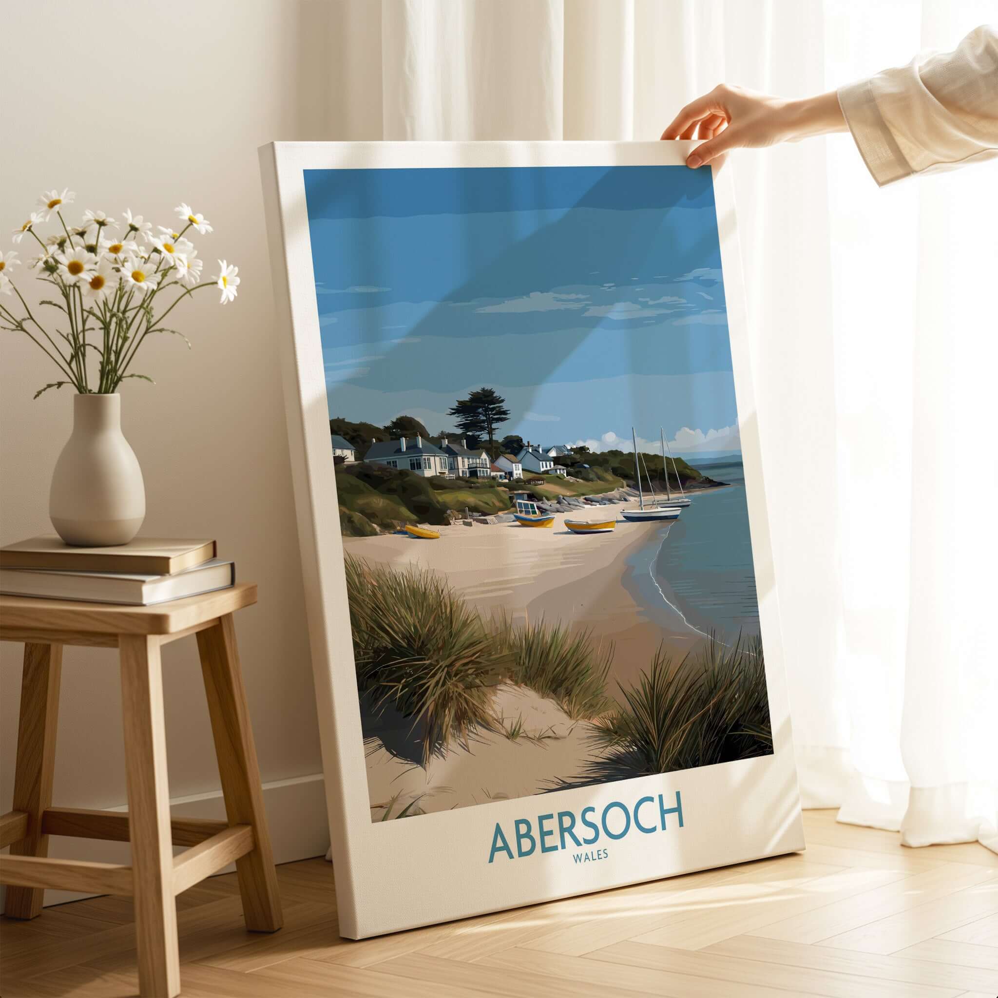 Abersoch Wales Sand Dunes Beach Art Print | Sailboats Coastal Wall Decor displayed in a cozy interior setting.