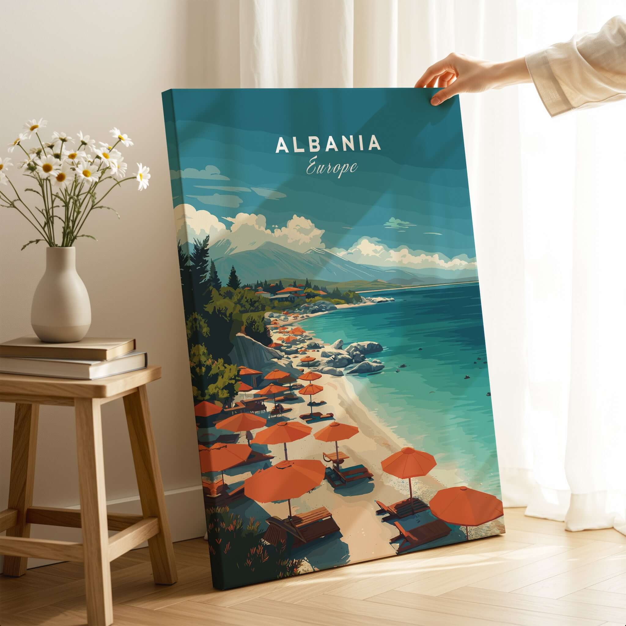 Albania Canvas Print | Balkan Travel Wall Decor showcasing a vibrant beach scene with umbrellas and clear waters.