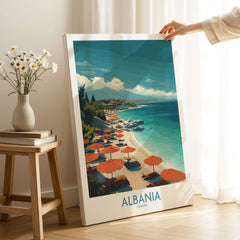 Albania Art Print | Beach Poster showcasing a serene coastal view with umbrellas and sandy beach, perfect for home decor.