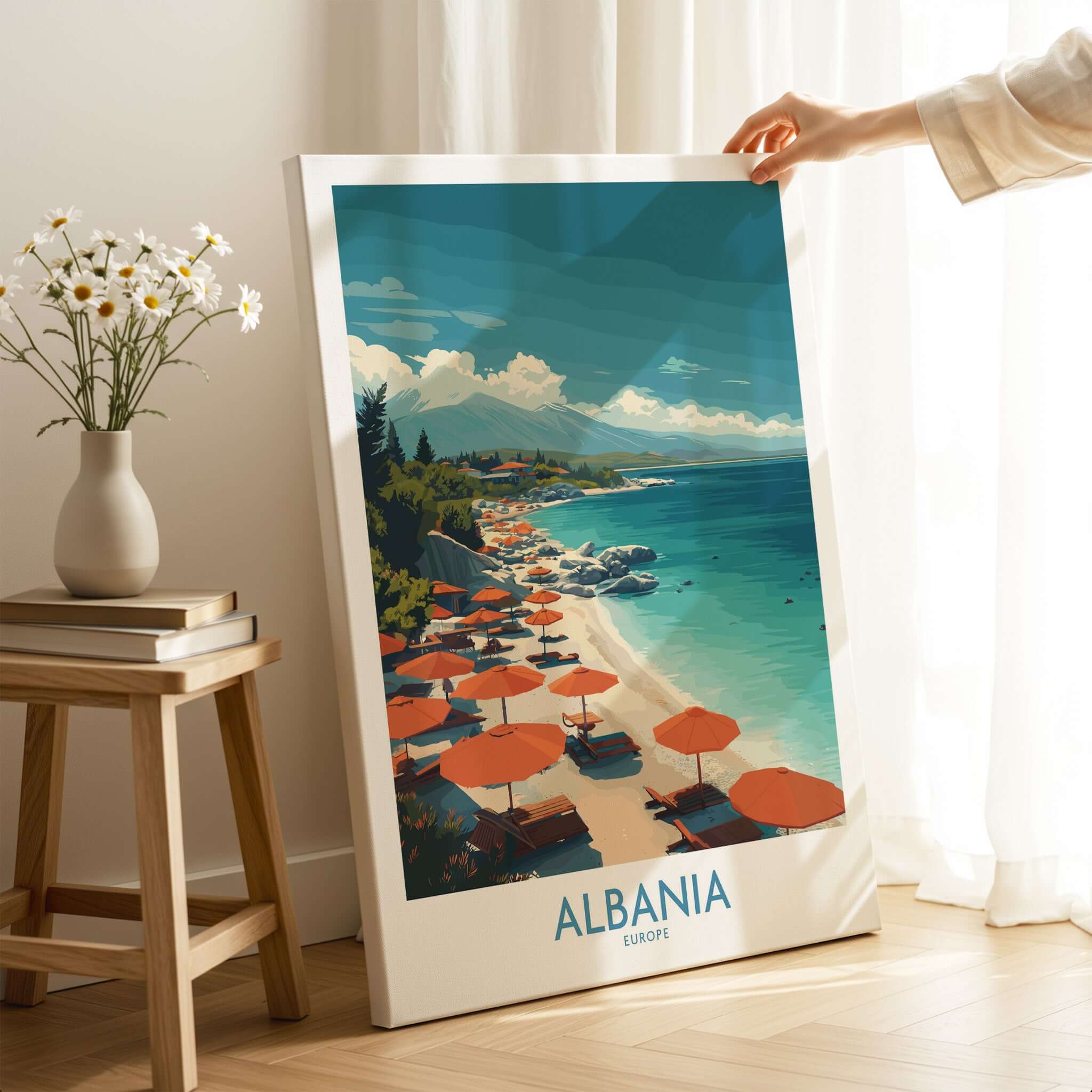 Albania Art Print | Beach Poster showcasing a serene coastal view with umbrellas and sandy beach, perfect for home decor.